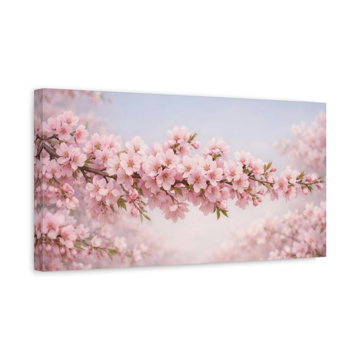 Side Mockup 3. Floral Cherry Blossom Pink And Blue shown as stretched canvas wall art