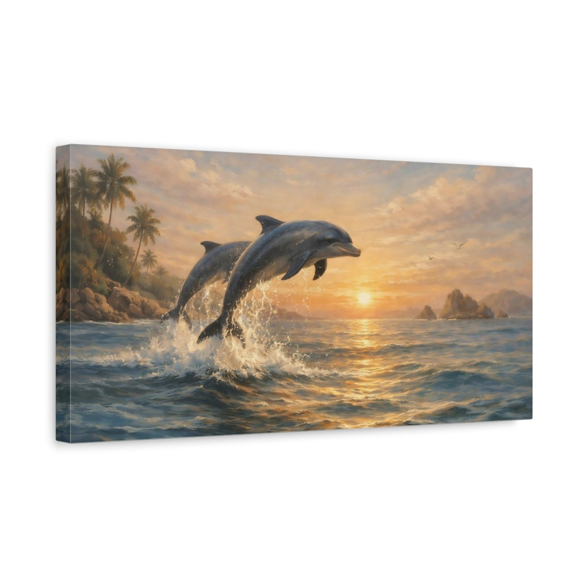 Side Mockup 3. Animals Dolphins Dolphins Sunset shown as stretched canvas wall art
