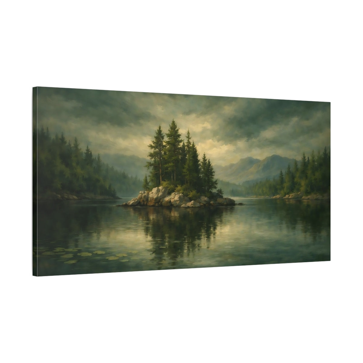 Side Mockup 1. Nature Lake Island Green Lake Landscape shown as stretched canvas wall art