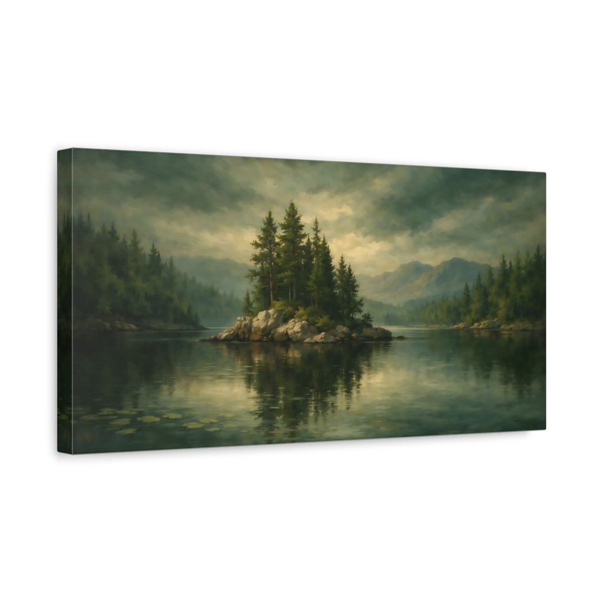 Side Mockup 3. Nature Lake Island Green Lake Landscape shown as stretched canvas wall art