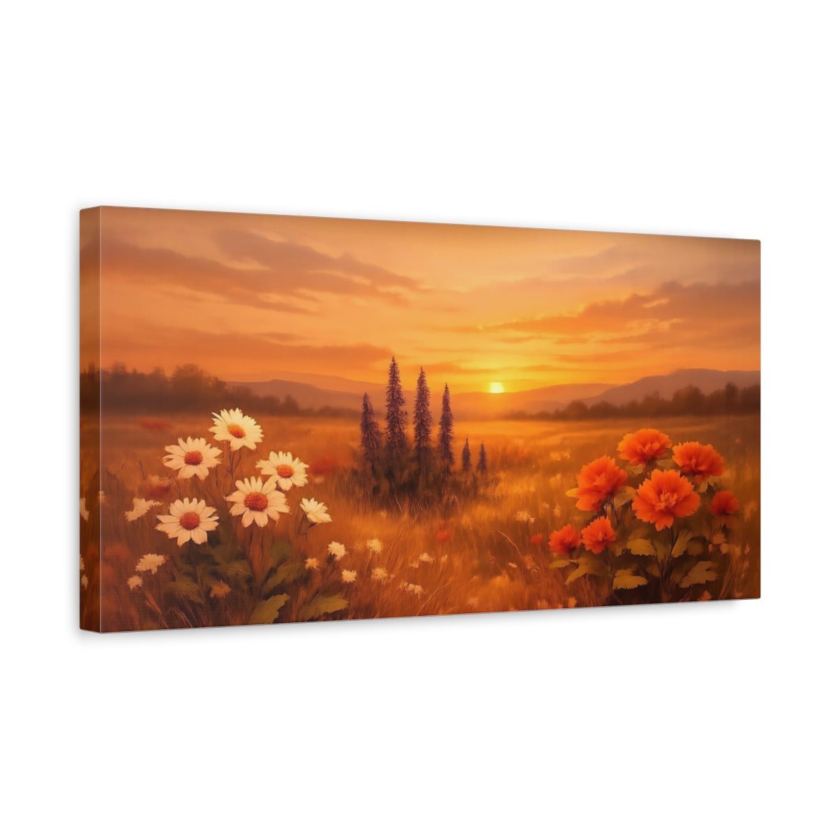Side Mockup 3. Nature Sunset Field Orange Sunset Meadow shown as stretched canvas wall art