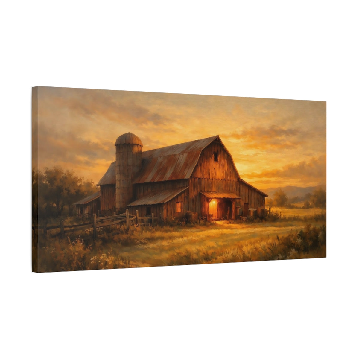 Side Mockup 2. Nature Rustic Barn Orange Barn Sunset shown as stretched canvas wall art