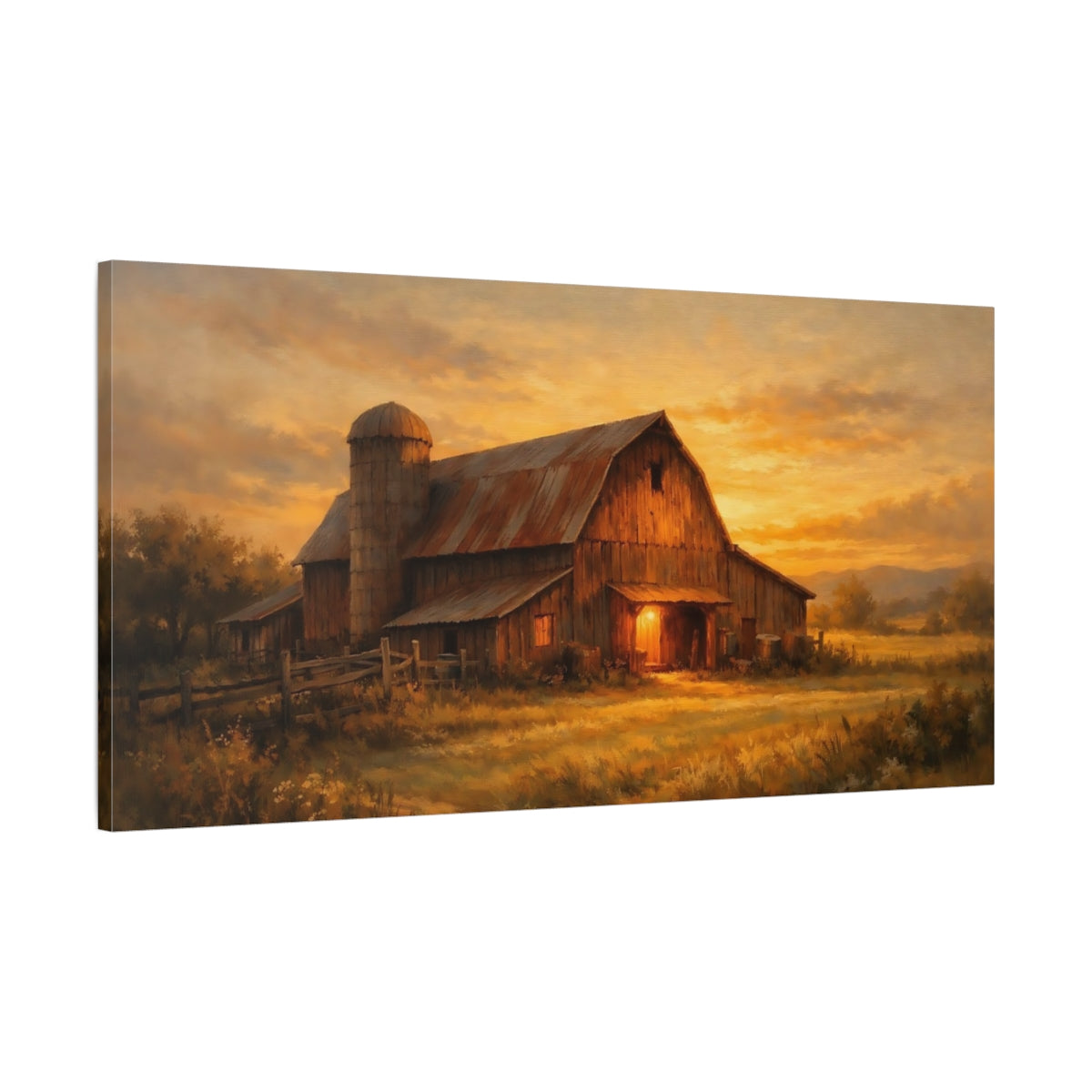 Side Mockup 1. Nature Rustic Barn Orange Barn Sunset shown as stretched canvas wall art