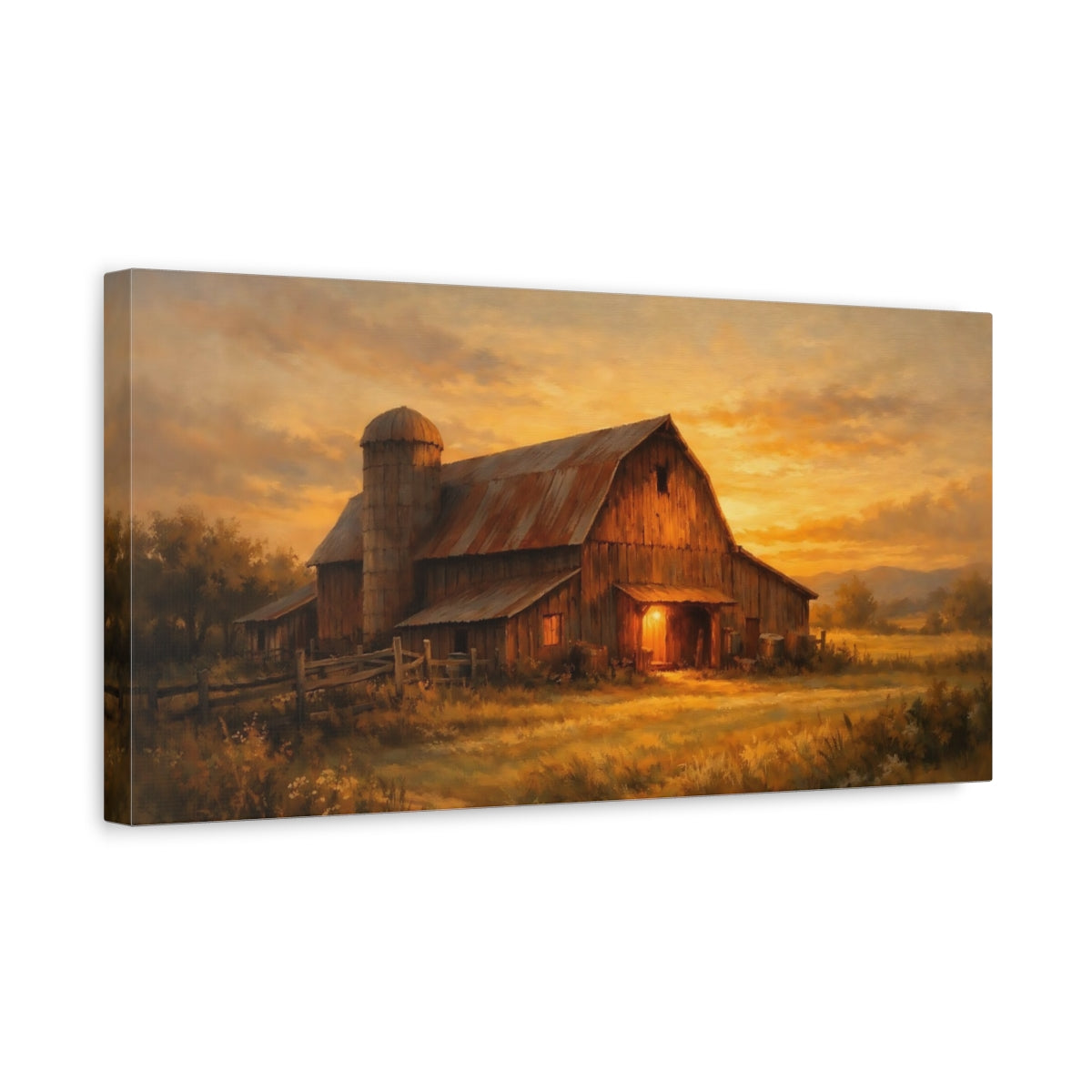 Side Mockup 3. Nature Rustic Barn Orange Barn Sunset shown as stretched canvas wall art