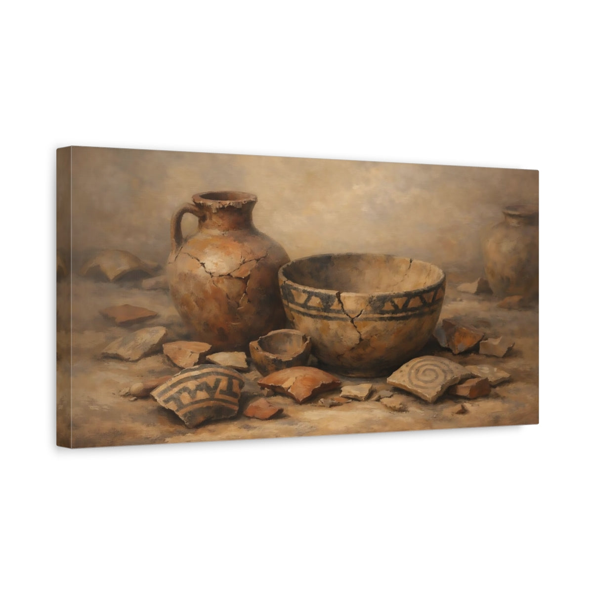 Side Mockup 3. Vintage Ancient Pottery Earthen Pottery shown as stretched canvas wall art