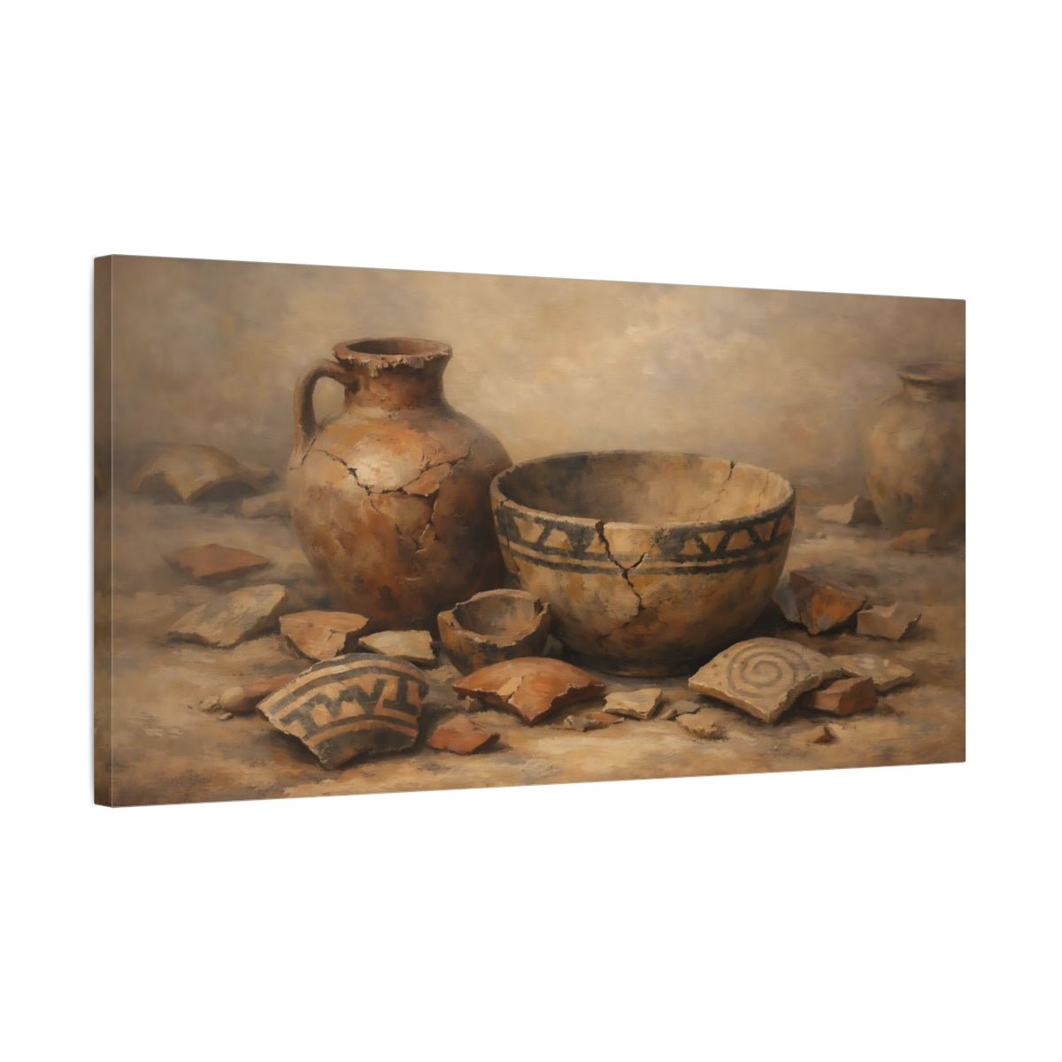 Side Mockup 2. Vintage Ancient Pottery Earthen Pottery shown as stretched canvas wall art