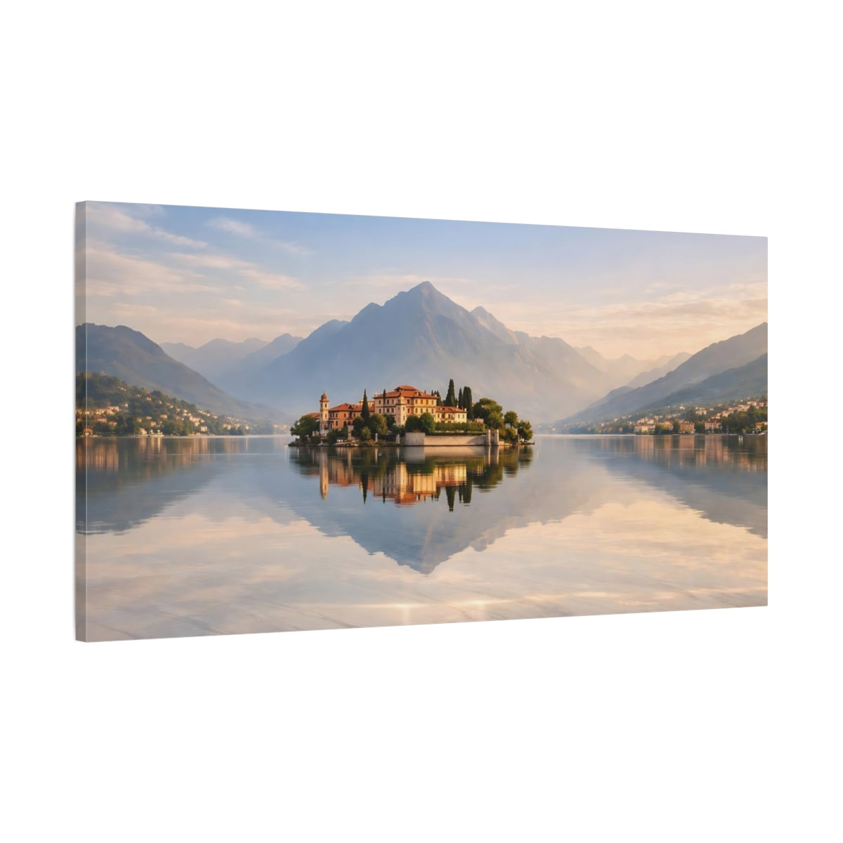 Side Mockup 1. Nature Island Villa Mountain Lake Island shown as stretched canvas wall art