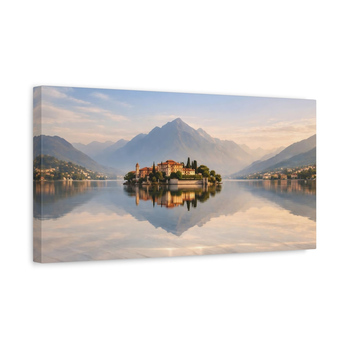 Side Mockup 3. Nature Island Villa Mountain Lake Island shown as stretched canvas wall art