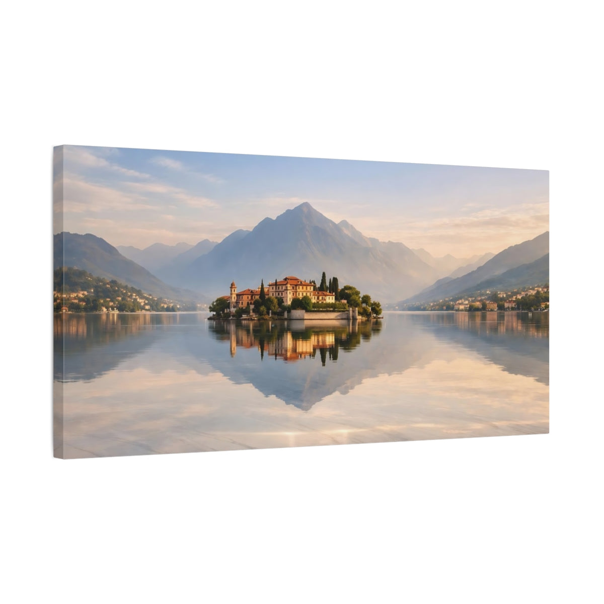 Side Mockup 2. Nature Island Villa Mountain Lake Island shown as stretched canvas wall art