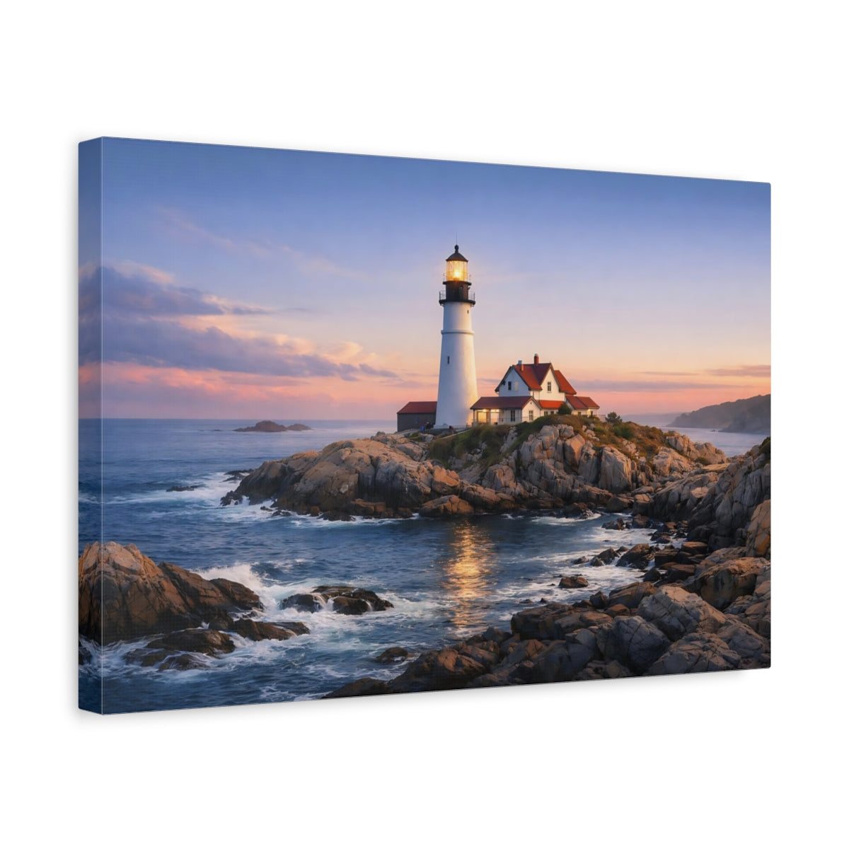 Side Mockup 4. Nature Lighthouse Lighthouse Coastal Sunset shown as stretched canvas wall art
