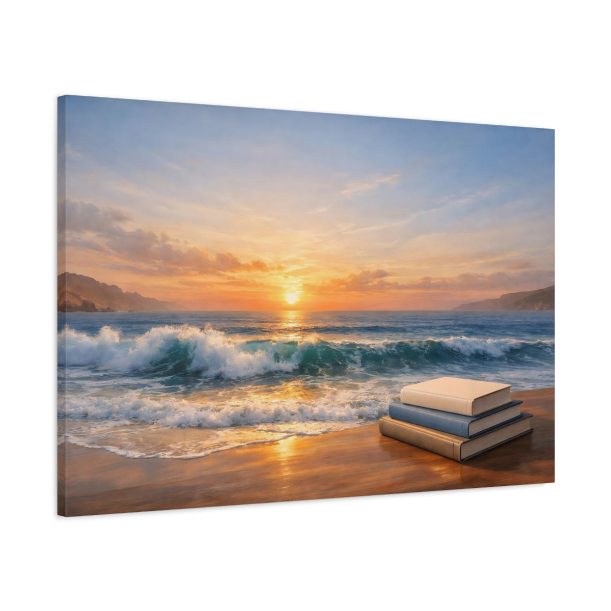 Side Mockup 1. Nature Beach Sunset Sunset Beach Books shown as stretched canvas wall art