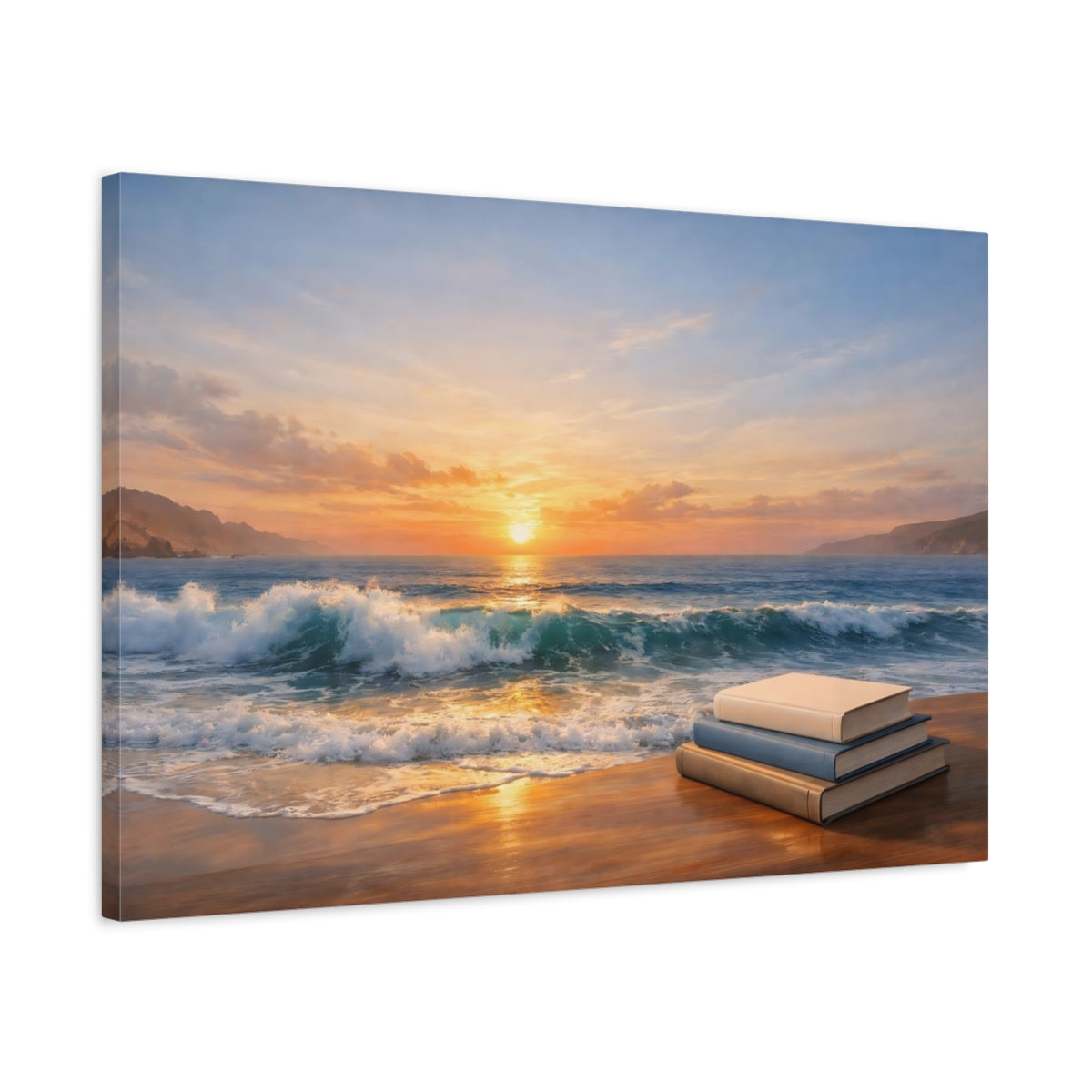 Side Mockup 2. Nature Beach Sunset Sunset Beach Books shown as stretched canvas wall art