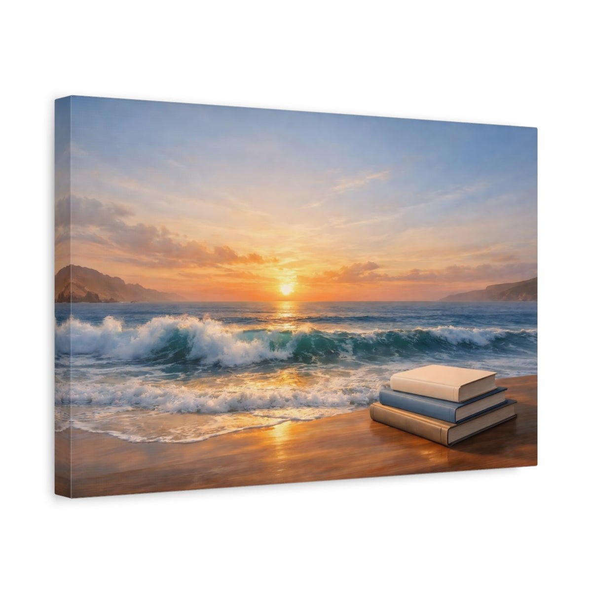 Side Mockup 4. Nature Beach Sunset Sunset Beach Books shown as stretched canvas wall art
