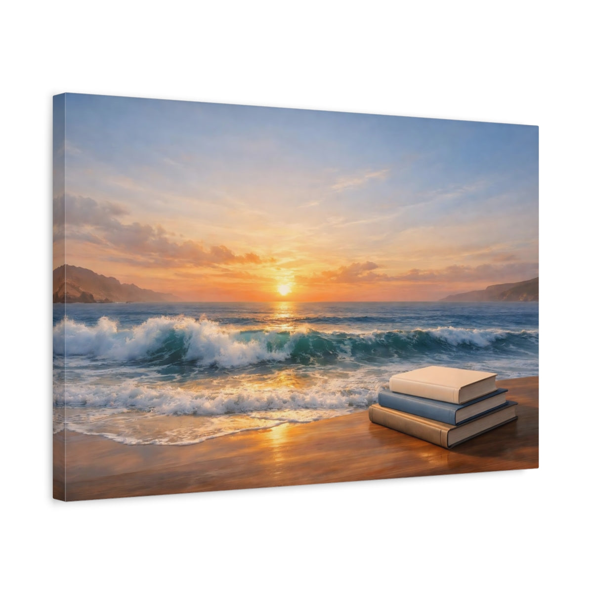 Side Mockup 3. Nature Beach Sunset Sunset Beach Books shown as stretched canvas wall art