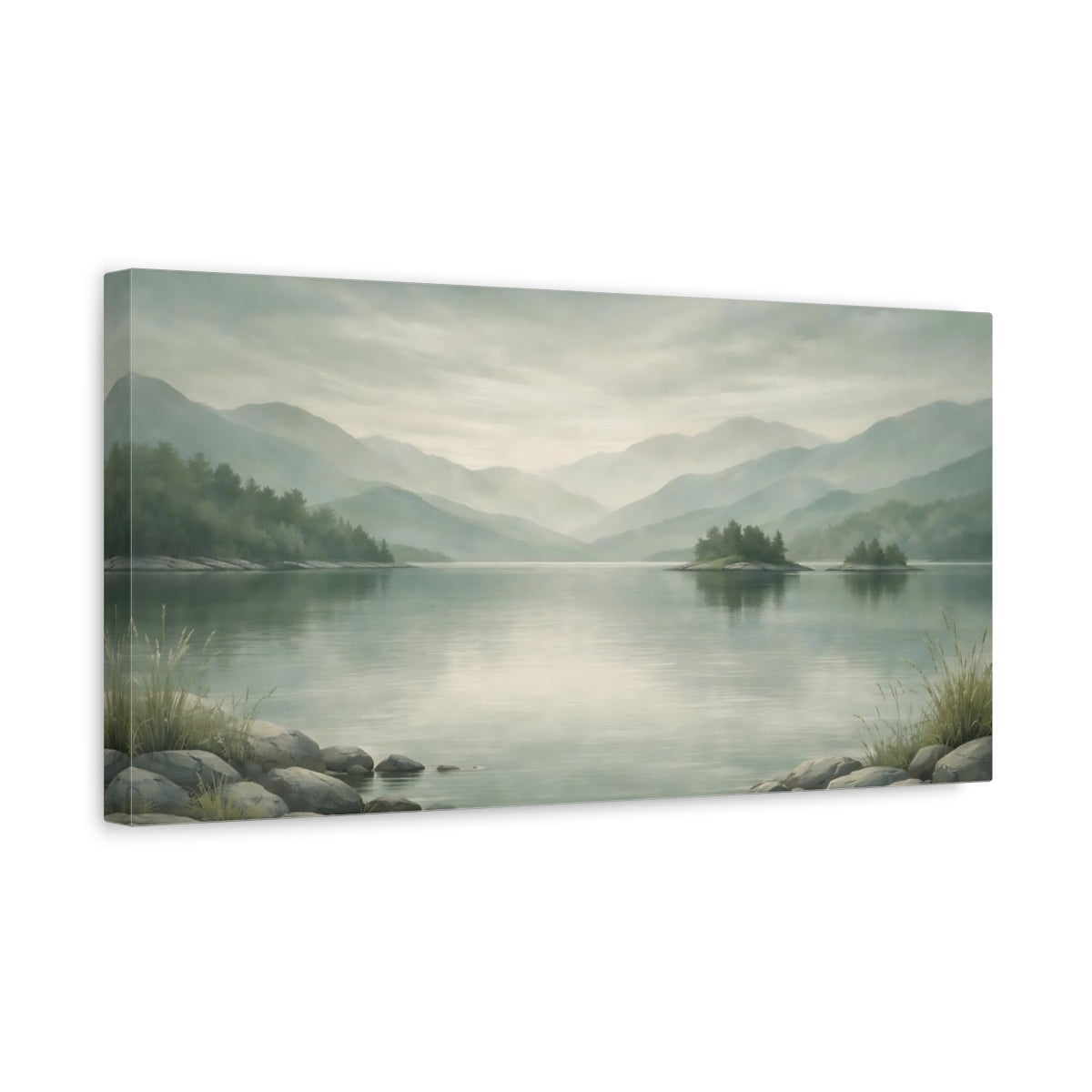 Side Mockup 3. Nature Mountain Lake Misty Green Landscape shown as stretched canvas wall art