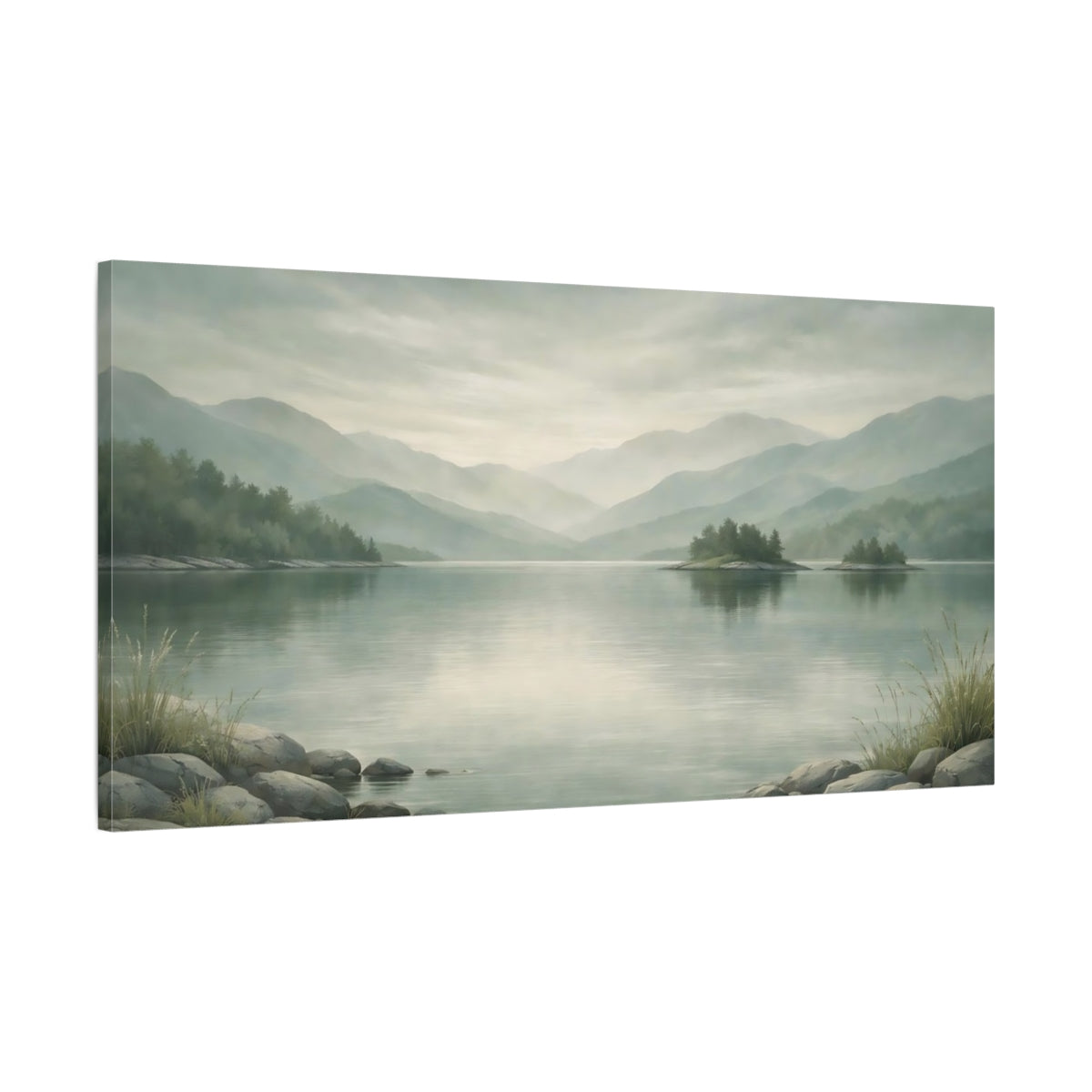 Side Mockup 1. Nature Mountain Lake Misty Green Landscape shown as stretched canvas wall art