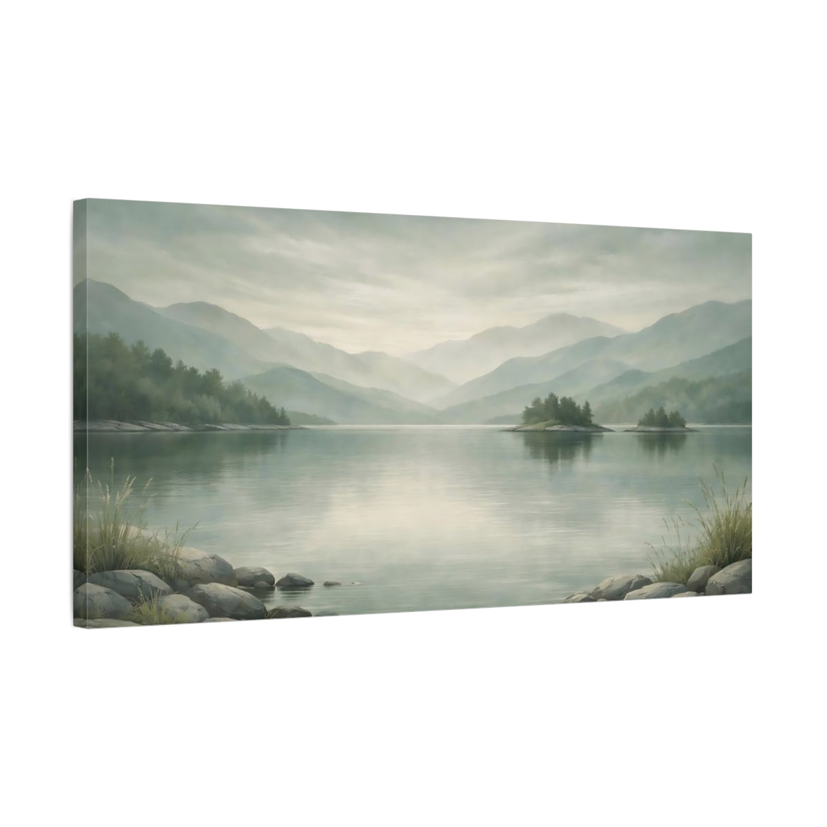 Side Mockup 2. Nature Mountain Lake Misty Green Landscape shown as stretched canvas wall art