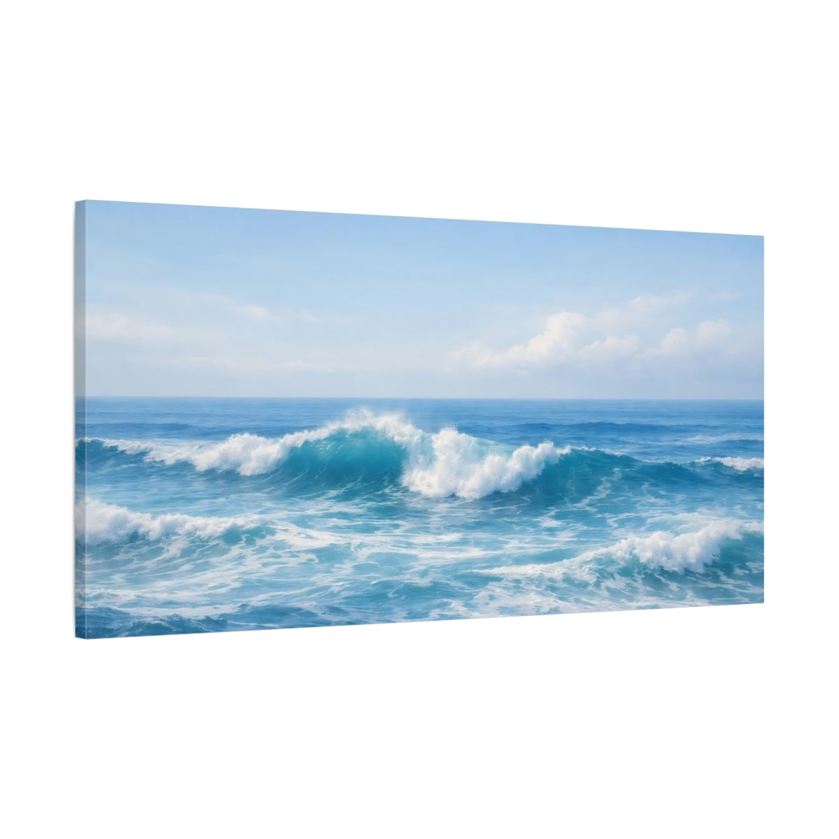 Side Mockup 1. Nature Ocean Waves Blue Ocean shown as stretched canvas wall art