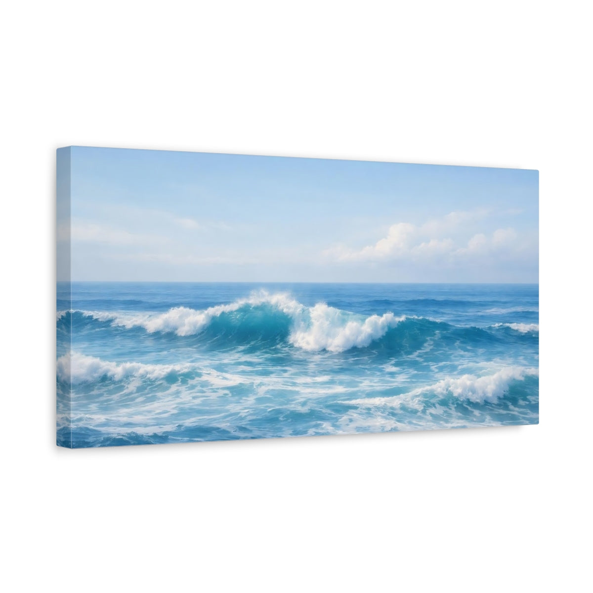 Side Mockup 3. Nature Ocean Waves Blue Ocean shown as stretched canvas wall art