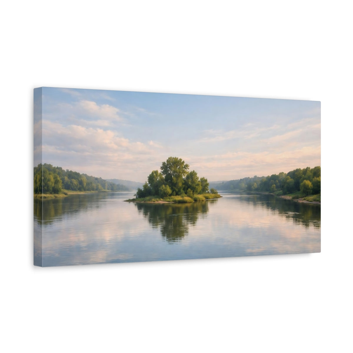 Side Mockup 3. Nature River Island Blue Green Landscape shown as stretched canvas wall art