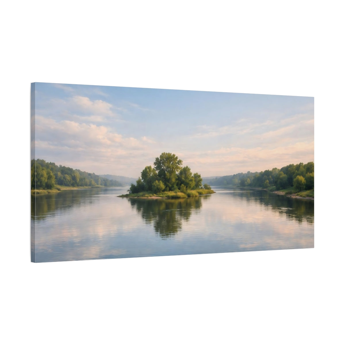 Side Mockup 1. Nature River Island Blue Green Landscape shown as stretched canvas wall art