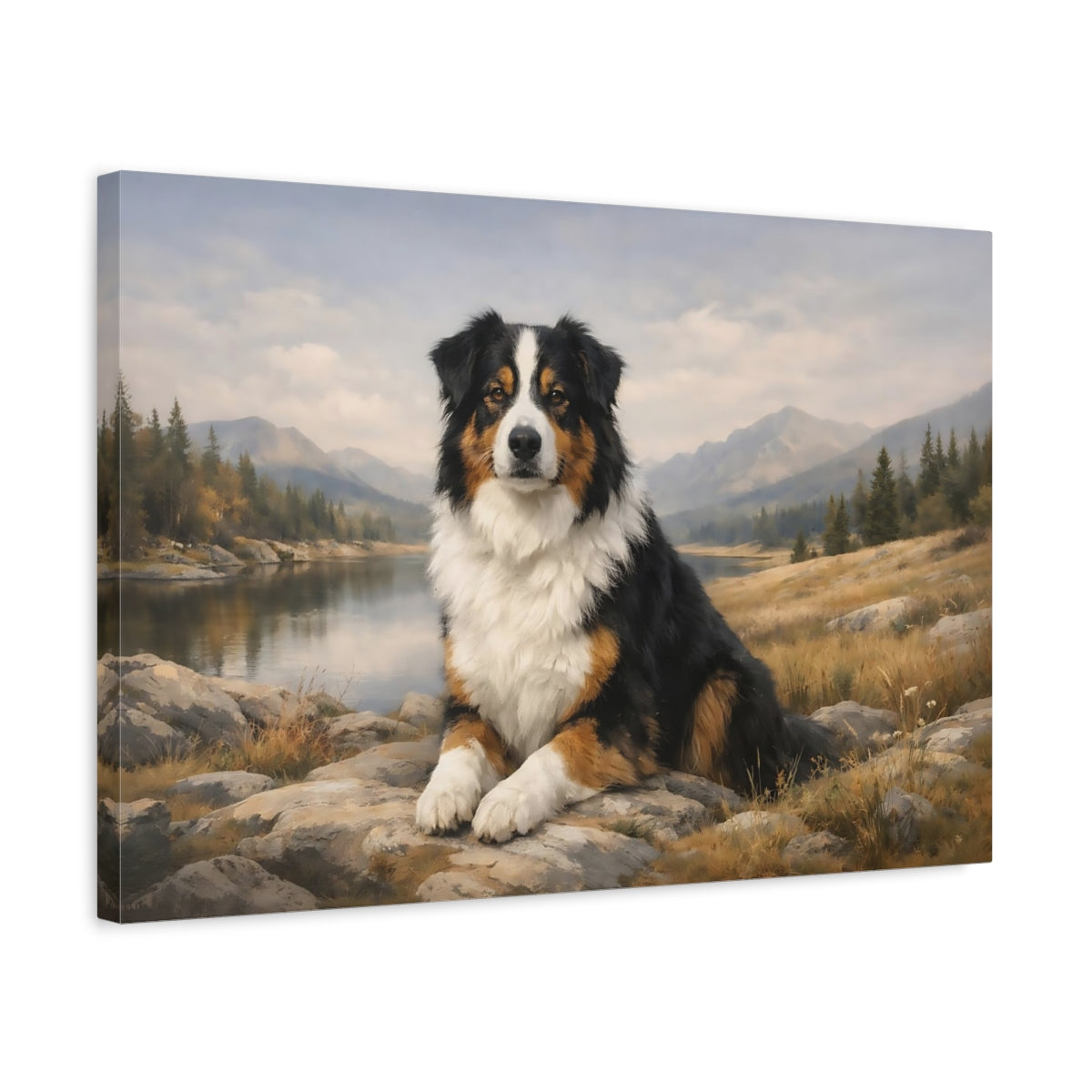 Side Mockup 3. Animals Australian Shepherd Australian Shepherd shown as stretched canvas wall art