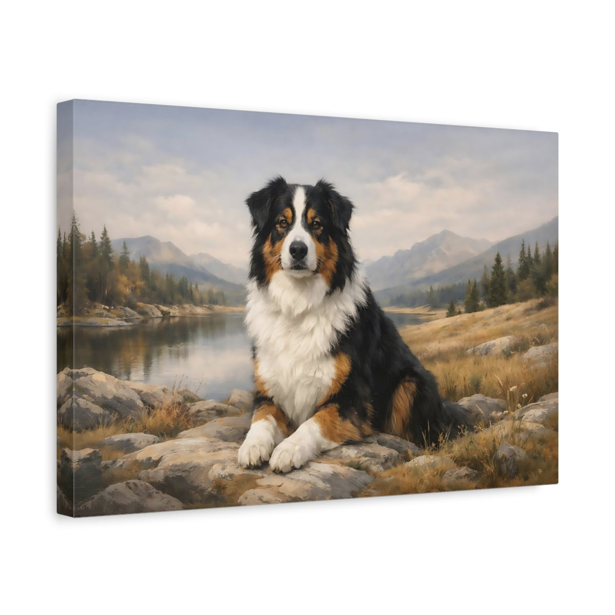 Side Mockup 4. Animals Australian Shepherd Australian Shepherd shown as stretched canvas wall art