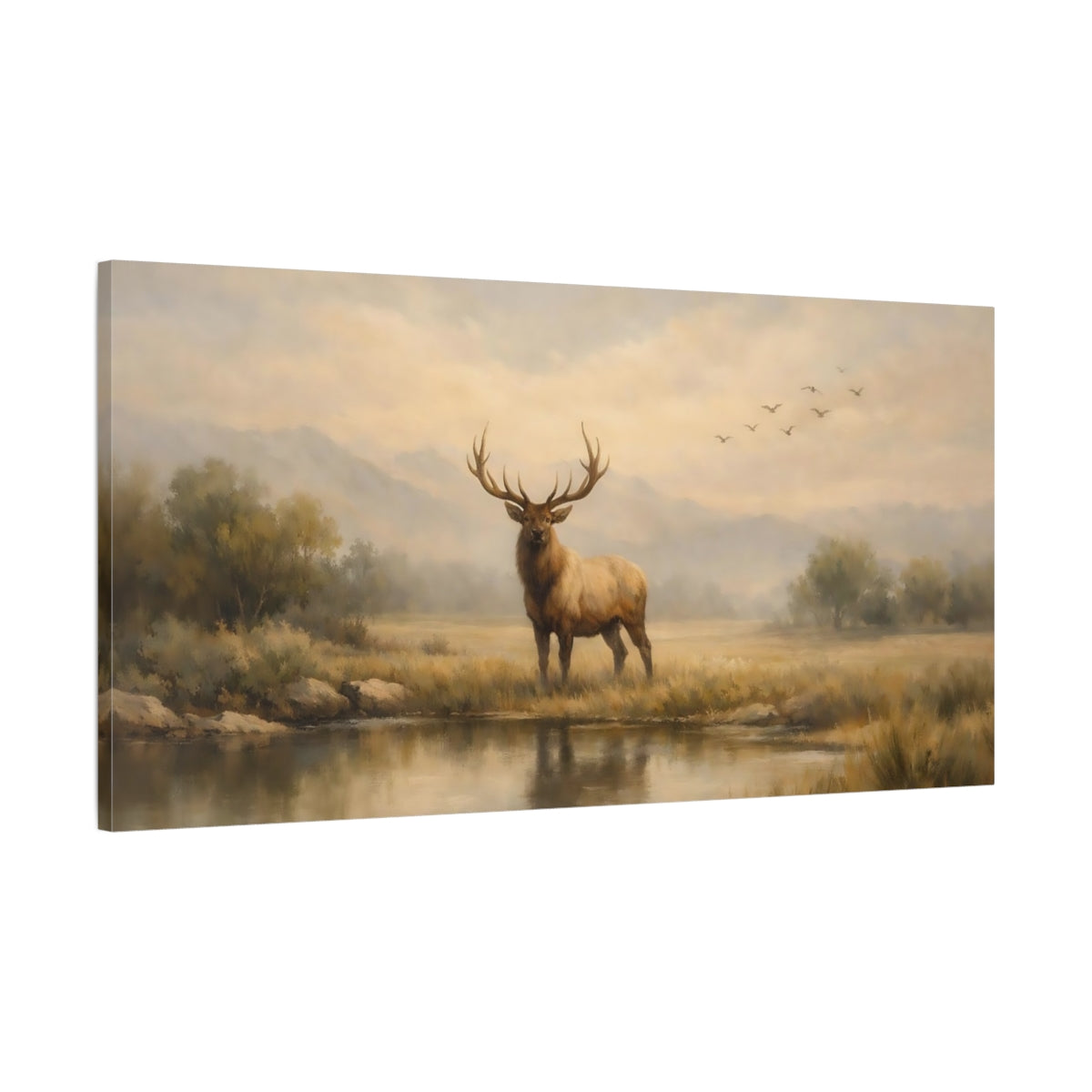 Side Mockup 1. Animals Elk Brown And Gold shown as stretched canvas wall art