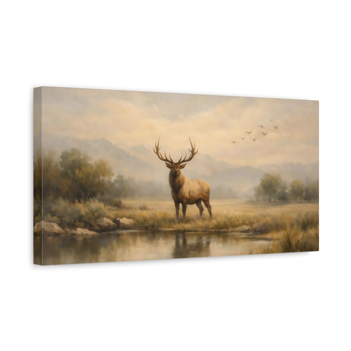 Side Mockup 3. Animals Elk Brown And Gold shown as stretched canvas wall art