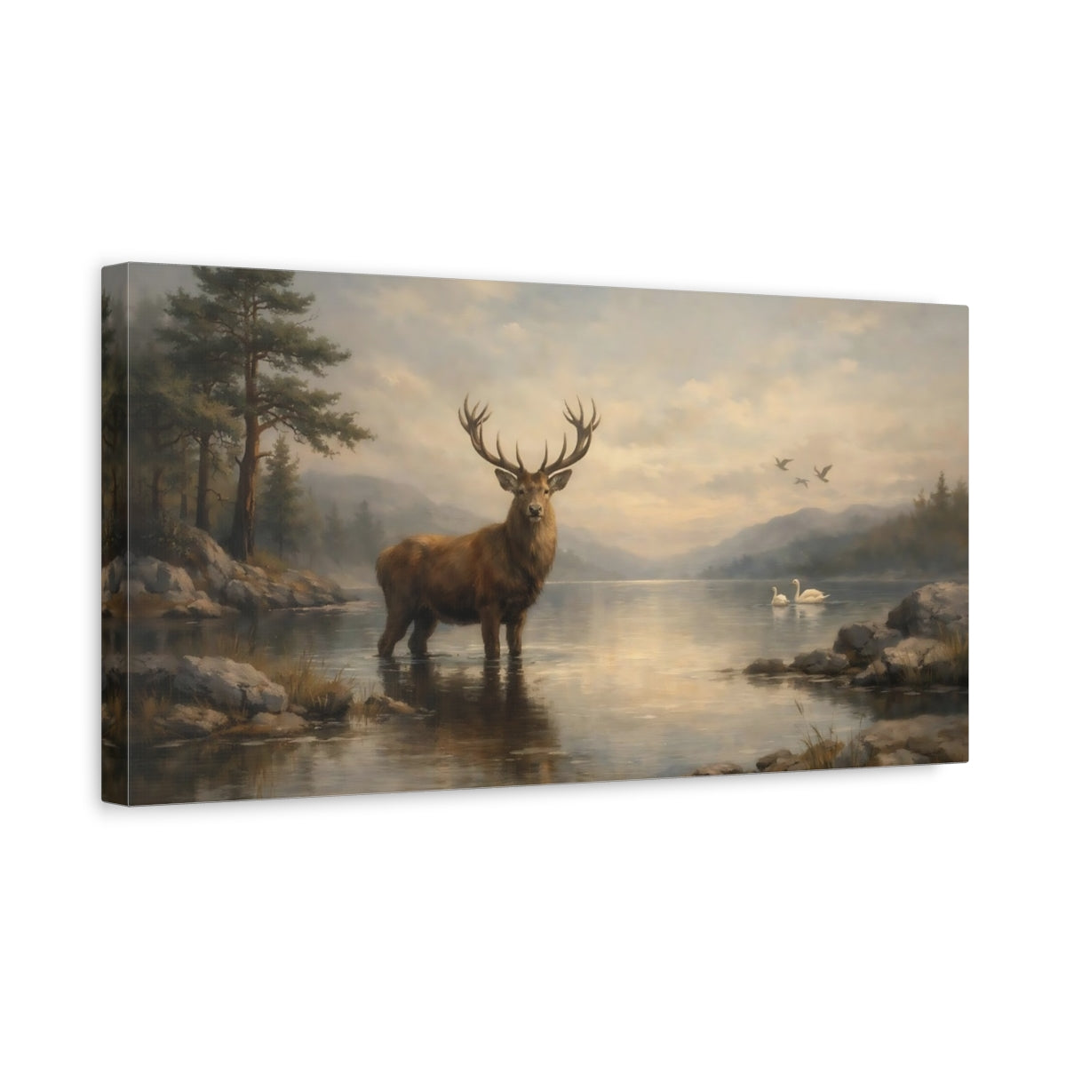 Side Mockup 3. Nature Majestic Stag Stag Lake Landscape shown as stretched canvas wall art