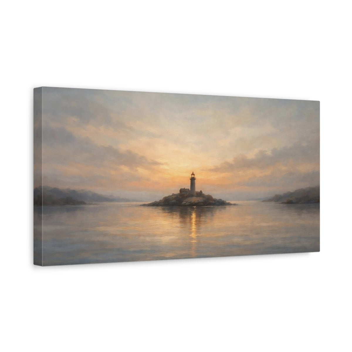 Side Mockup 3. Nature Lighthouse Gold And Blue shown as stretched canvas wall art