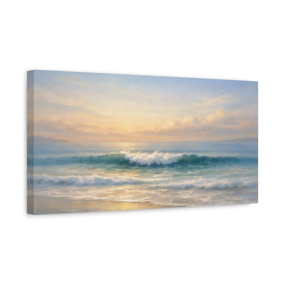 Side Mockup 3. Nature Ocean Waves Ocean Sunset shown as stretched canvas wall art