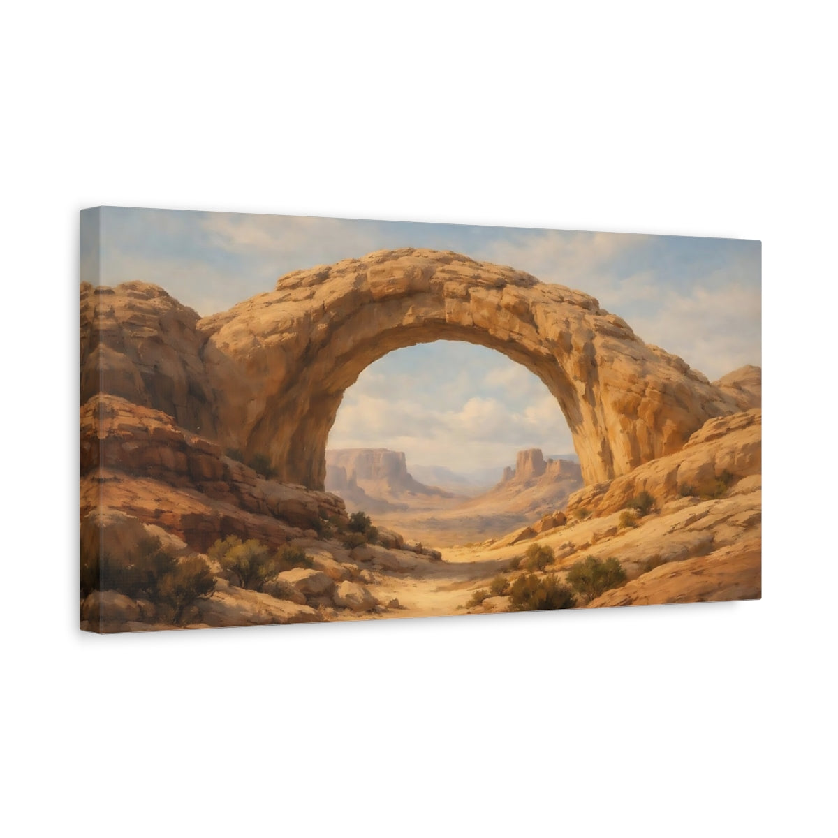 Side Mockup 3. Nature Rock Arch Brown And Blue Landscape shown as stretched canvas wall art