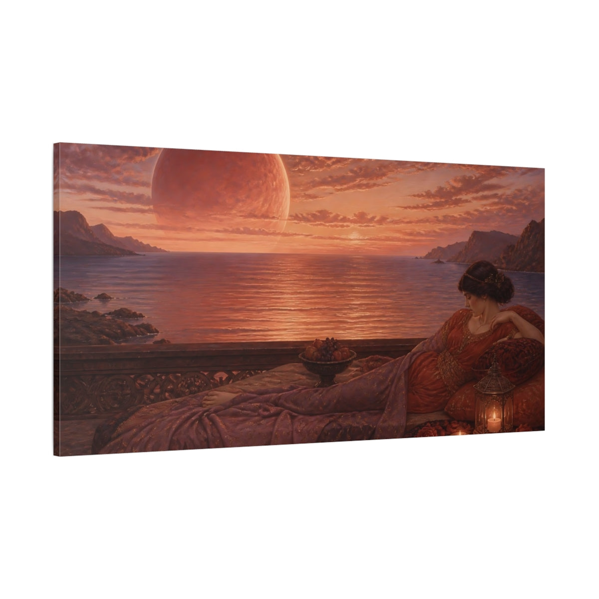 Side Mockup 2. Reclining Woman By Sea shown as canvas print