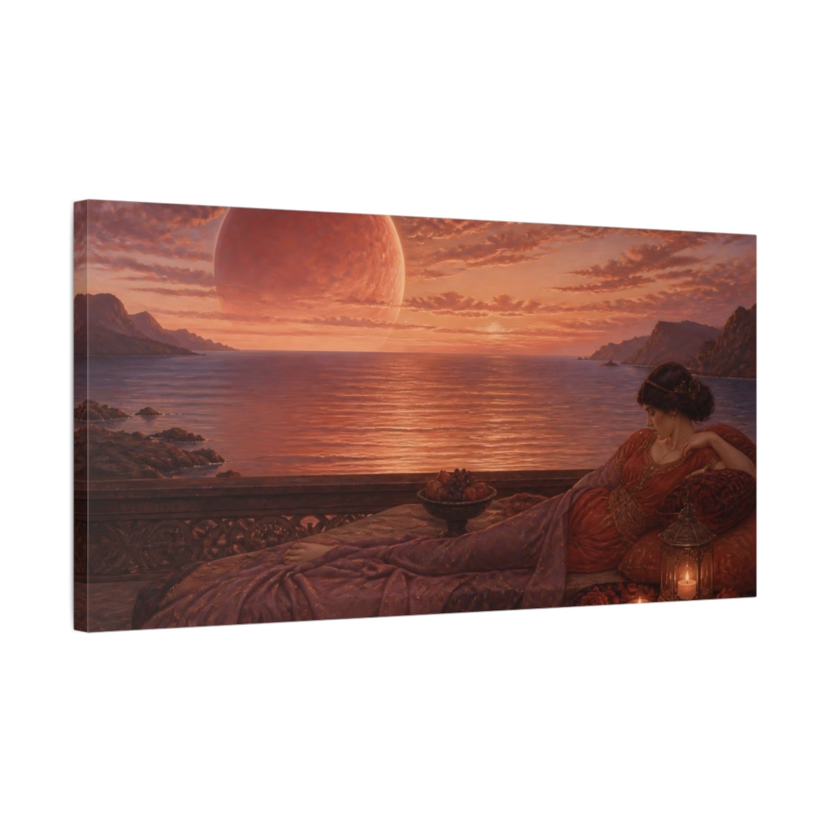 Side Mockup 1. Reclining Woman By Sea shown as canvas print
