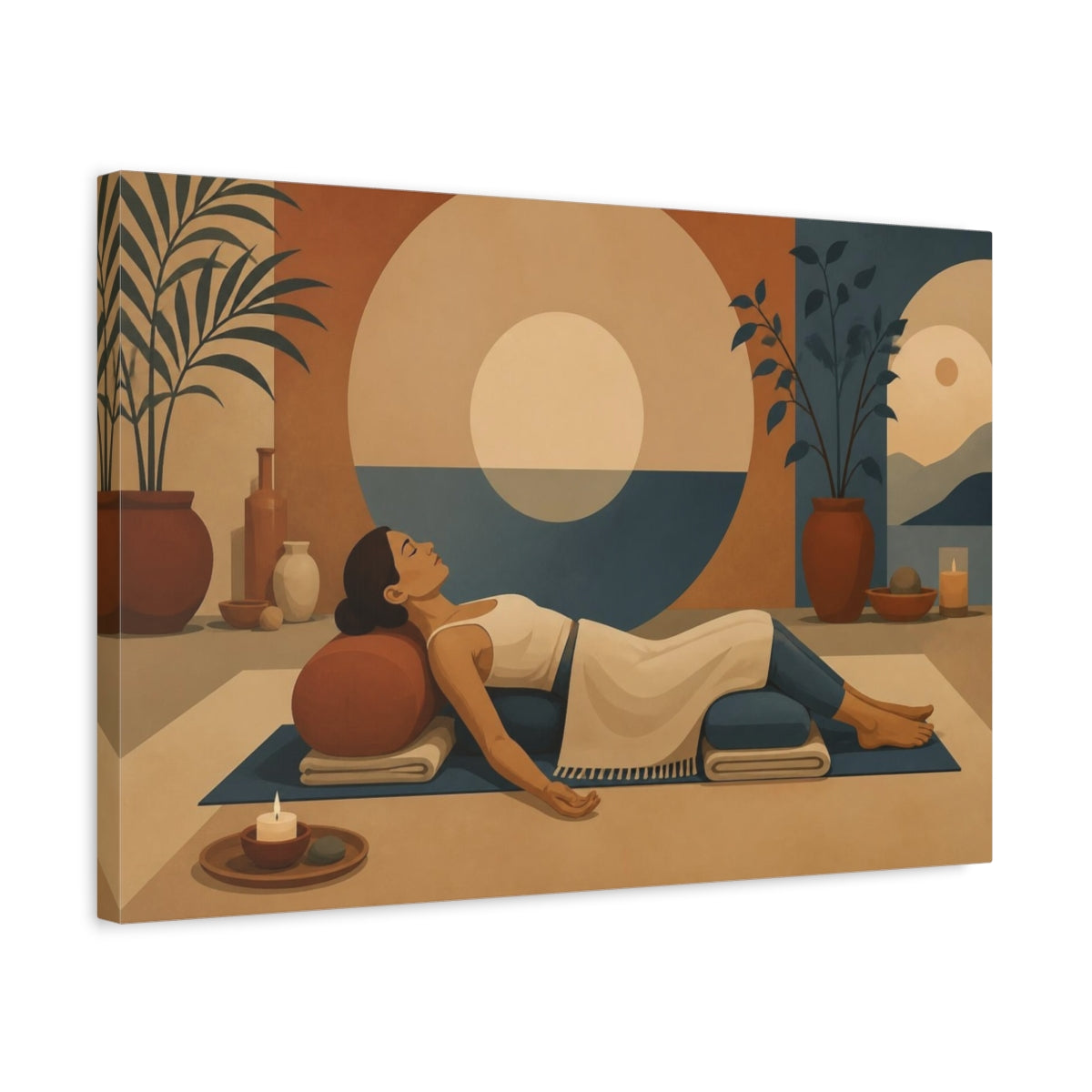 Side Mockup 3. Reclining Yoga Bolster shown as canvas print
