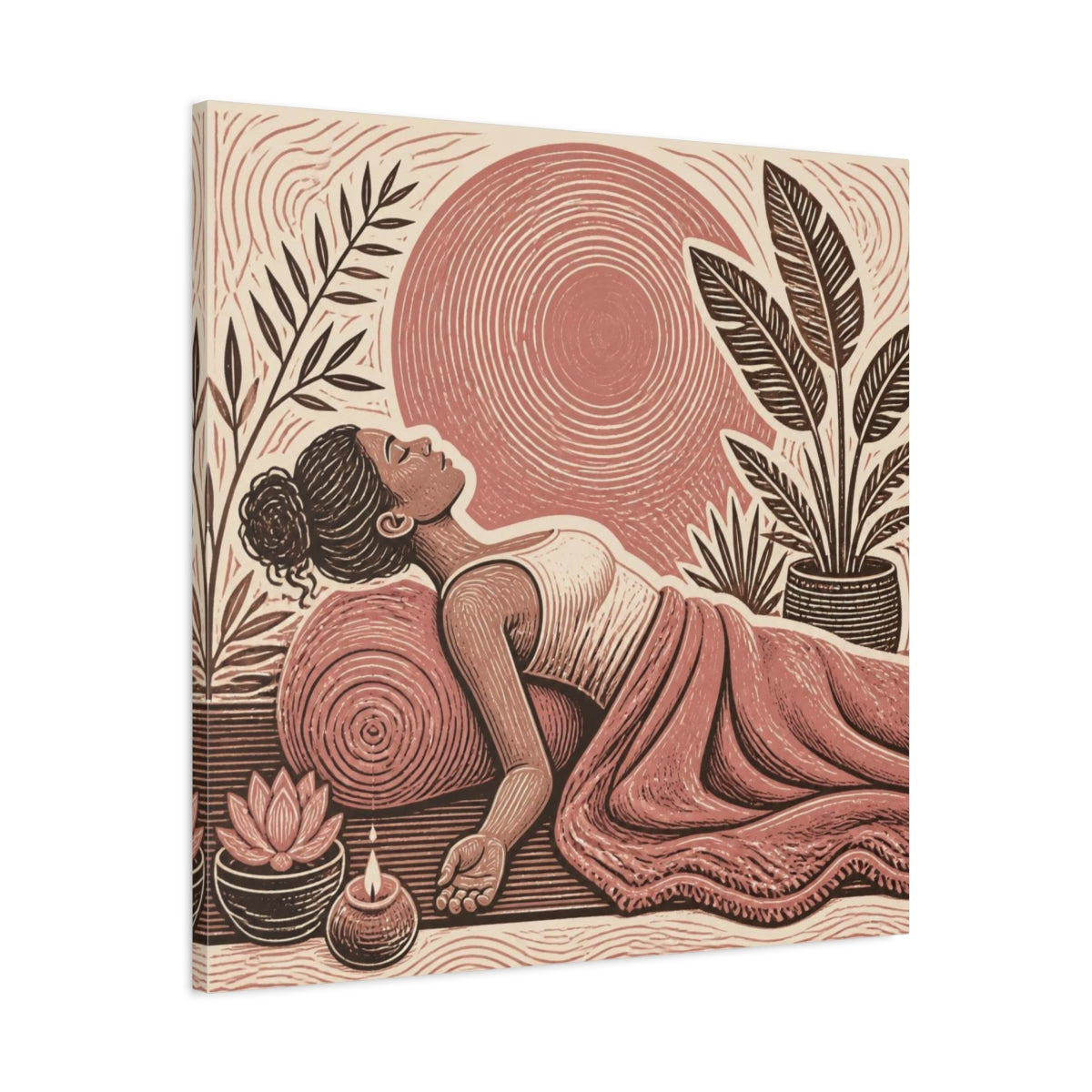Side Mockup 3. Reclining Yoga Serenity shown as canvas print