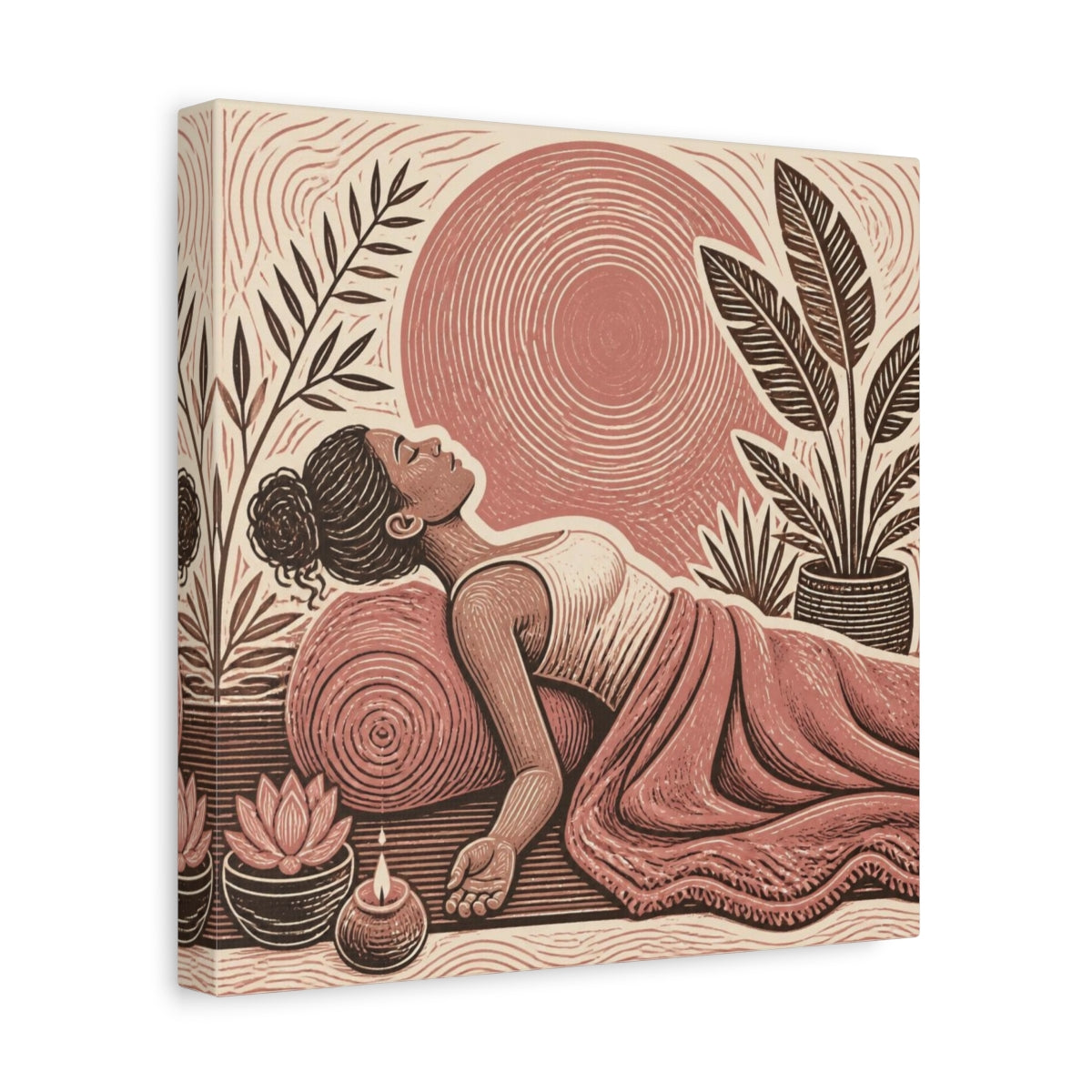 Side Mockup 8. Reclining Yoga Serenity shown as canvas print