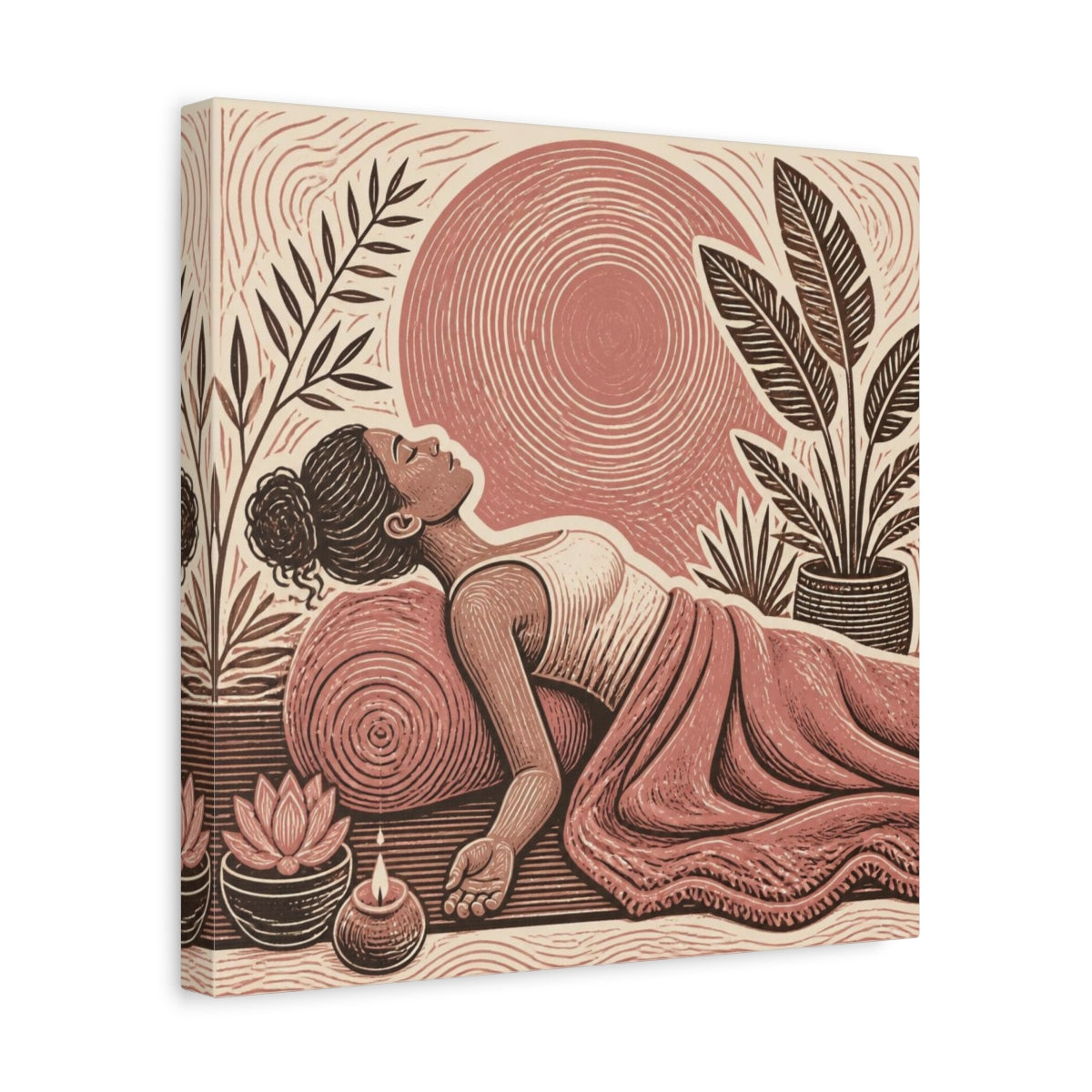 Side Mockup 7. Reclining Yoga Serenity shown as canvas print