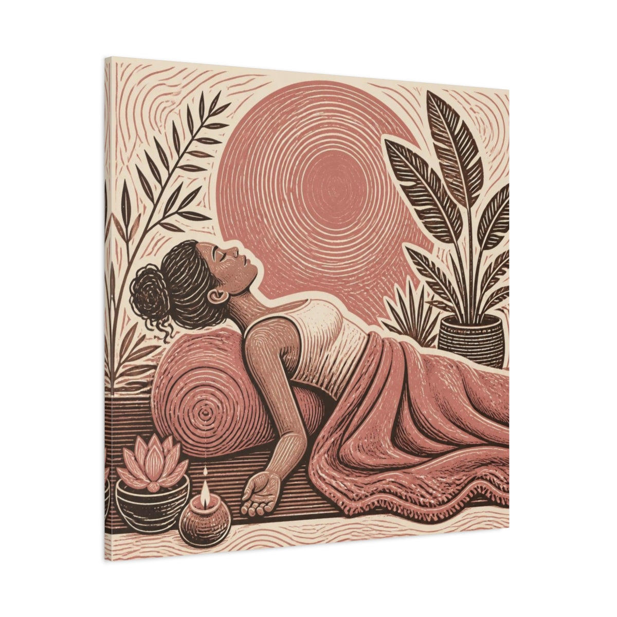 Side Mockup 1. Reclining Yoga Serenity shown as canvas print