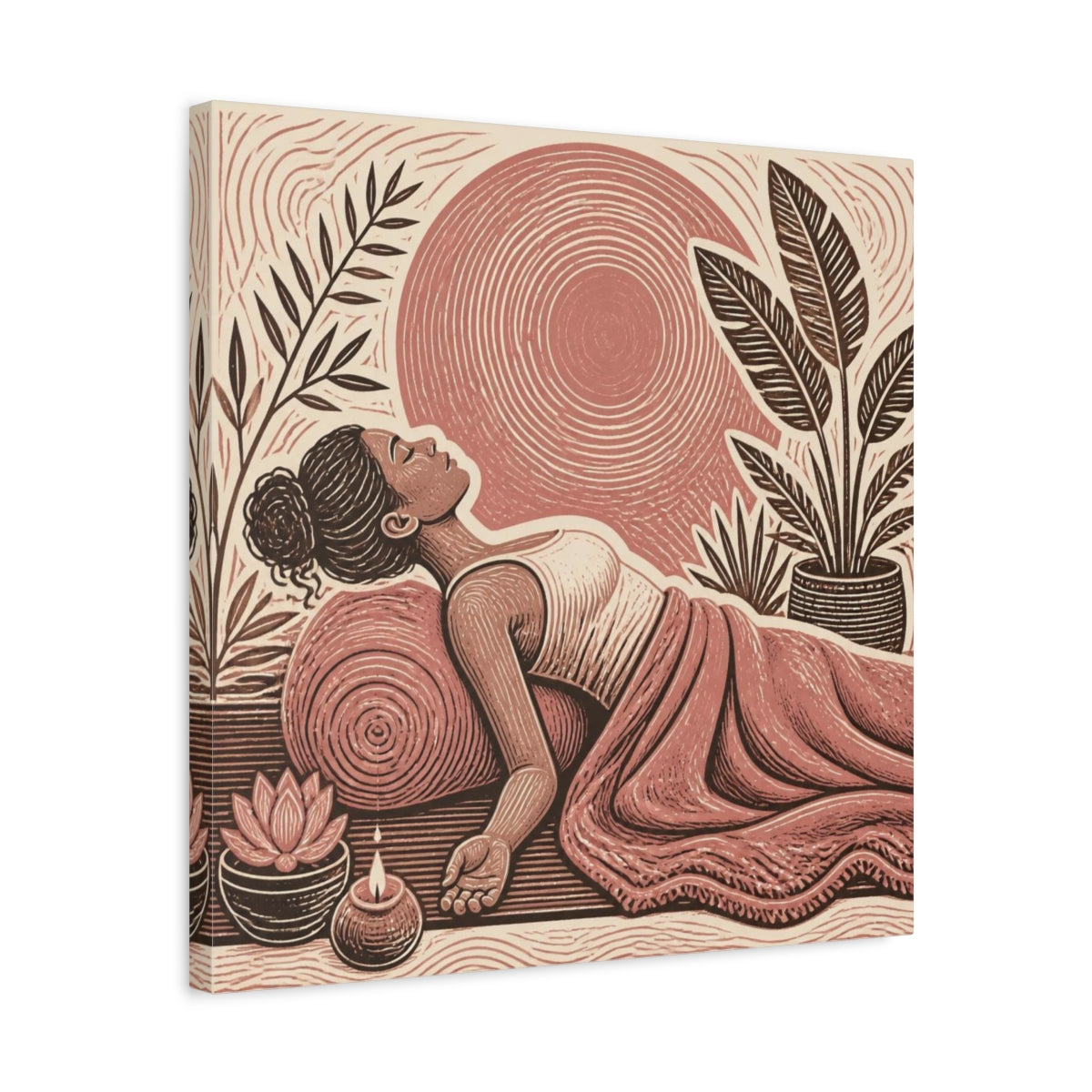 Side Mockup 5. Reclining Yoga Serenity shown as canvas print