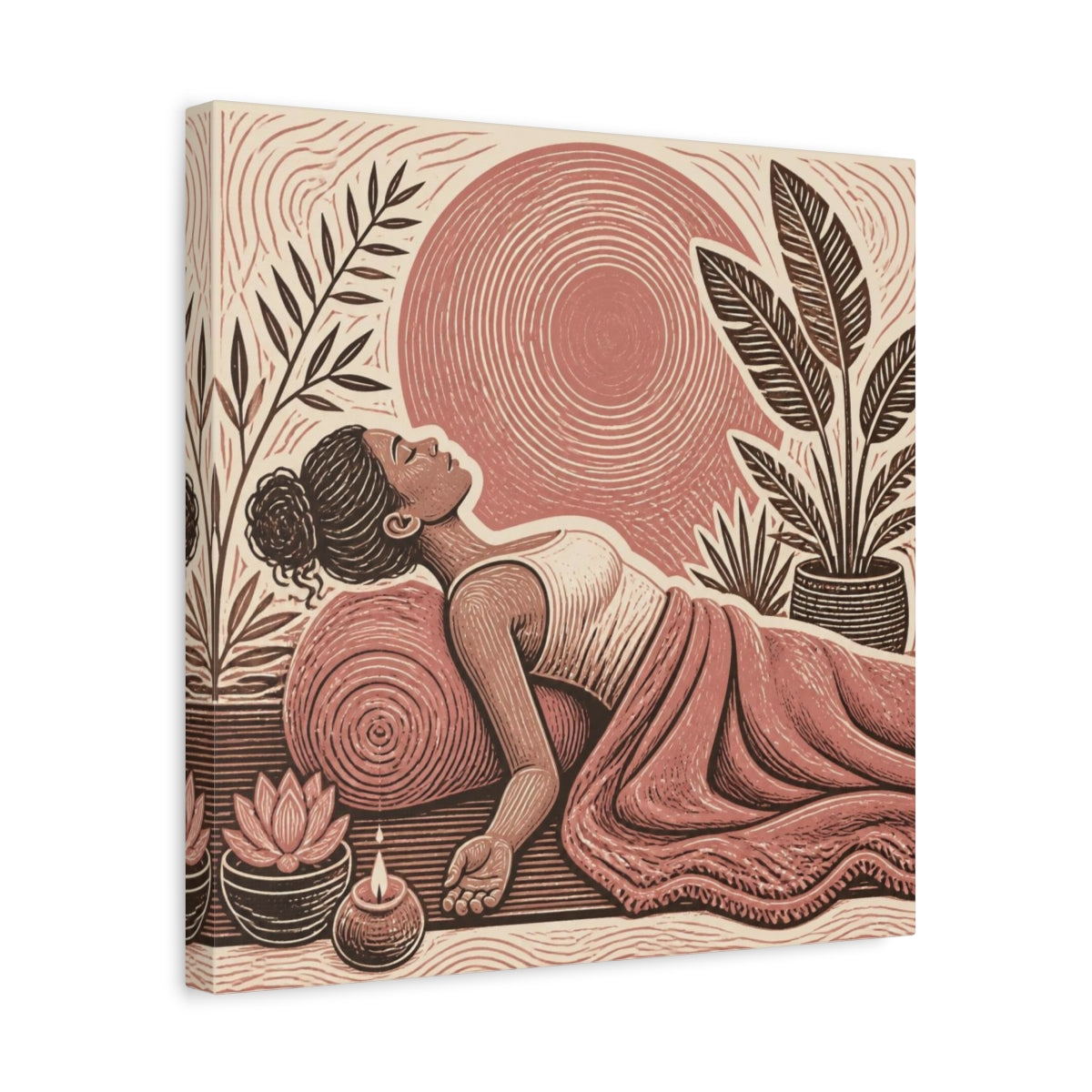 Side Mockup 6. Reclining Yoga Serenity shown as canvas print