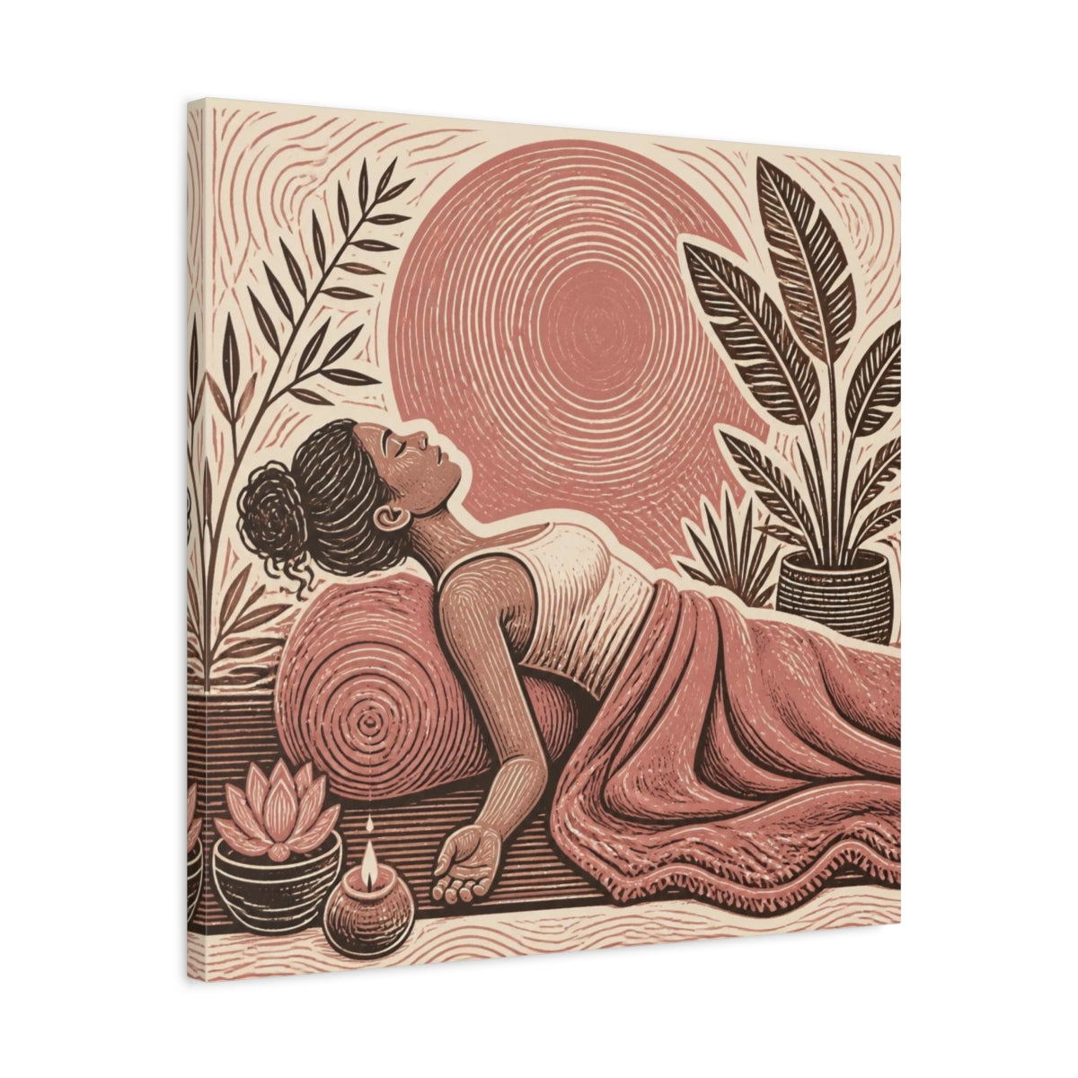 Side Mockup 4. Reclining Yoga Serenity shown as canvas print