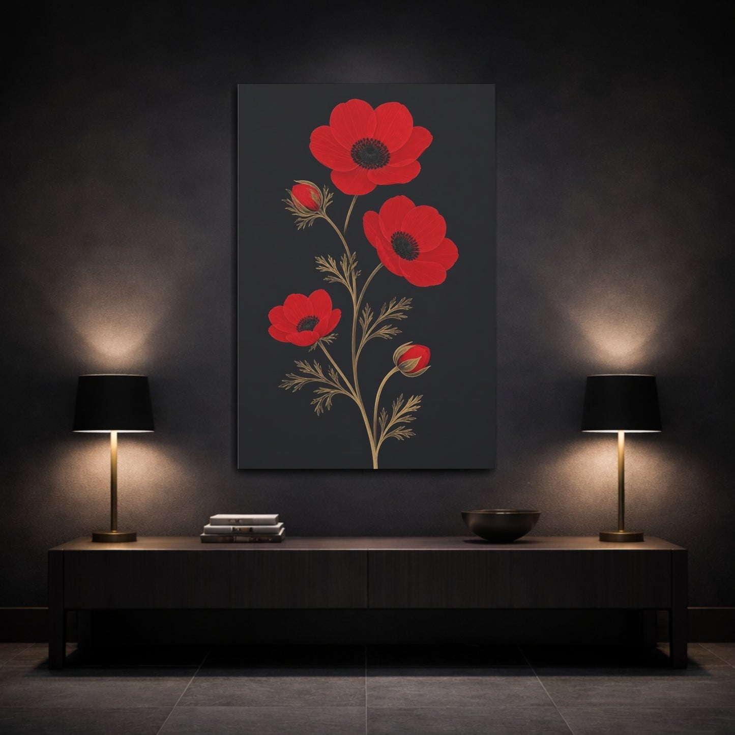 Mockup 3. Red Anemone Flowers shown as canvas print