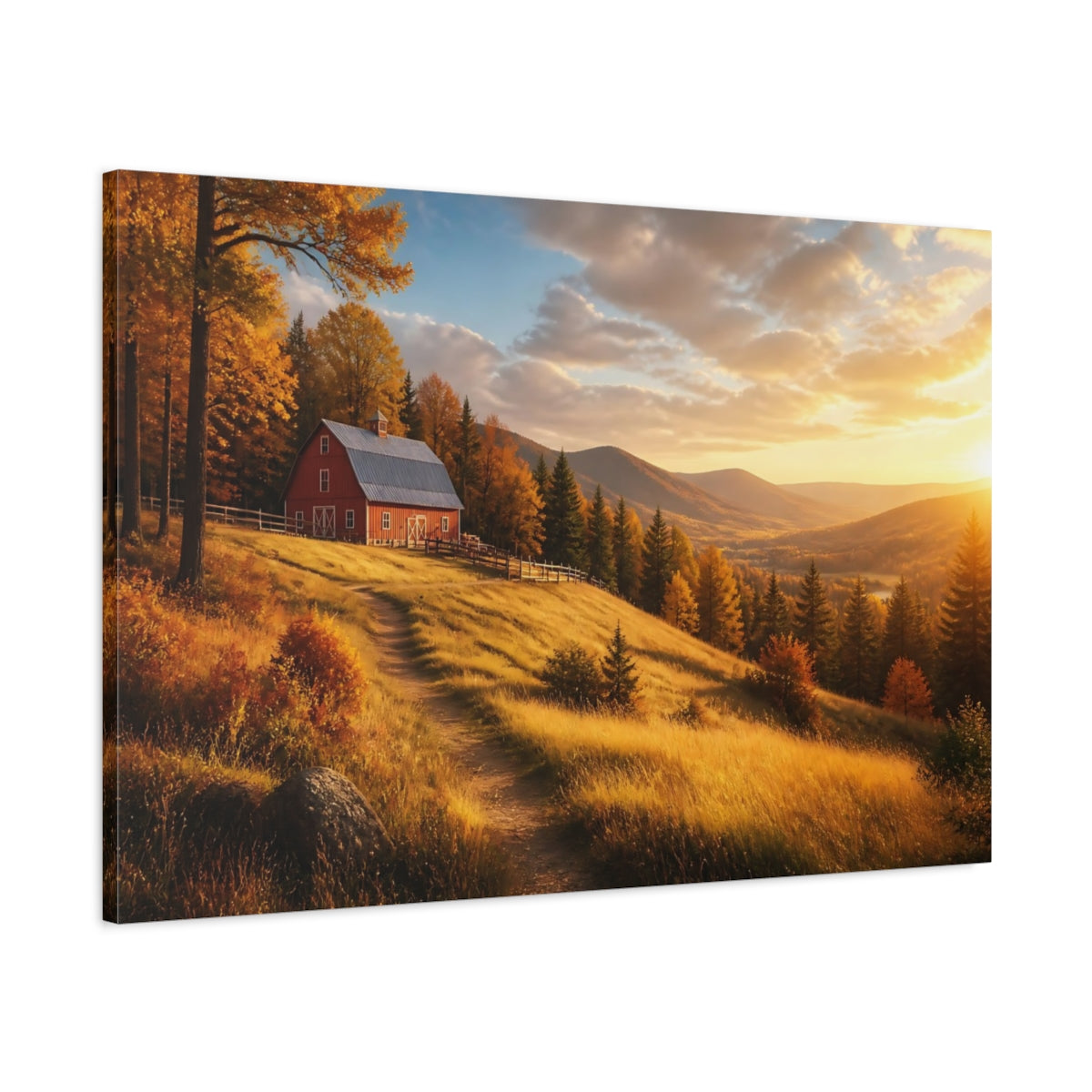 Main Mockup. Red Barn Landscape At Sunset shown as canvas print
