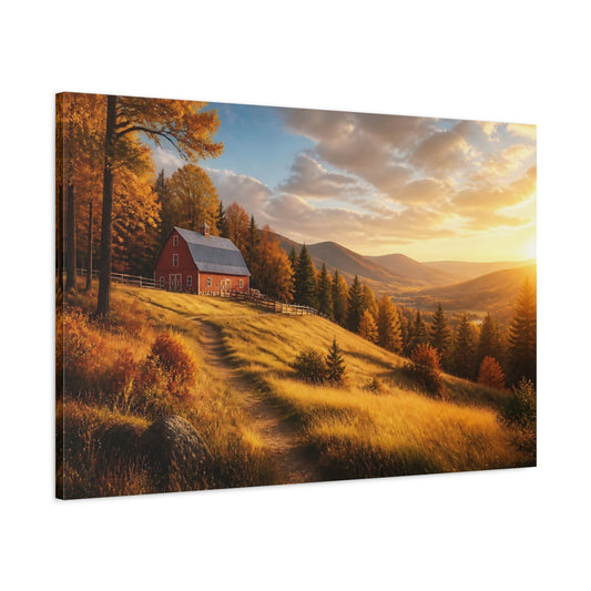 Main Mockup. Red Barn Landscape At Sunset shown as canvas print