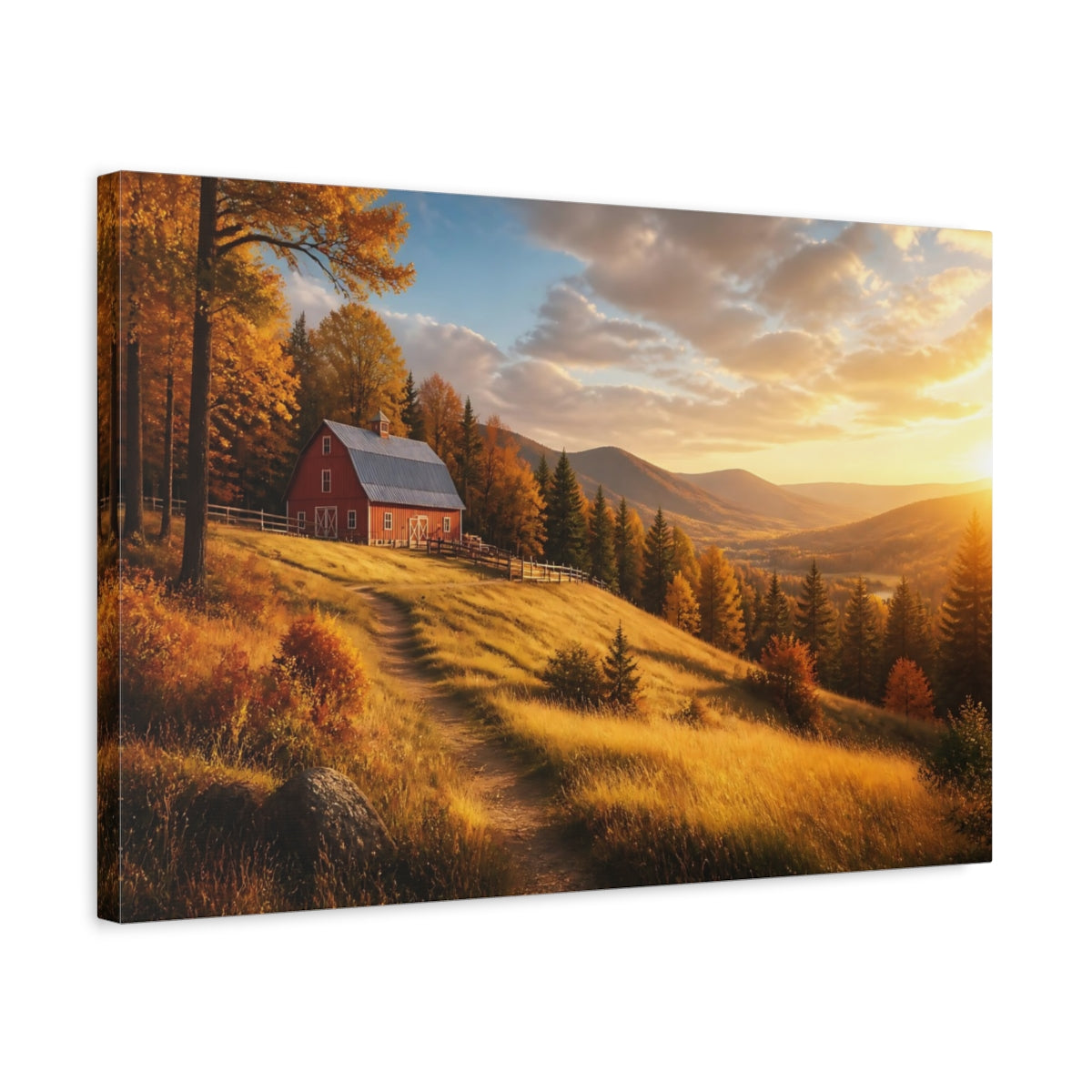 Side Mockup 3. Red Barn Landscape At Sunset shown as canvas print