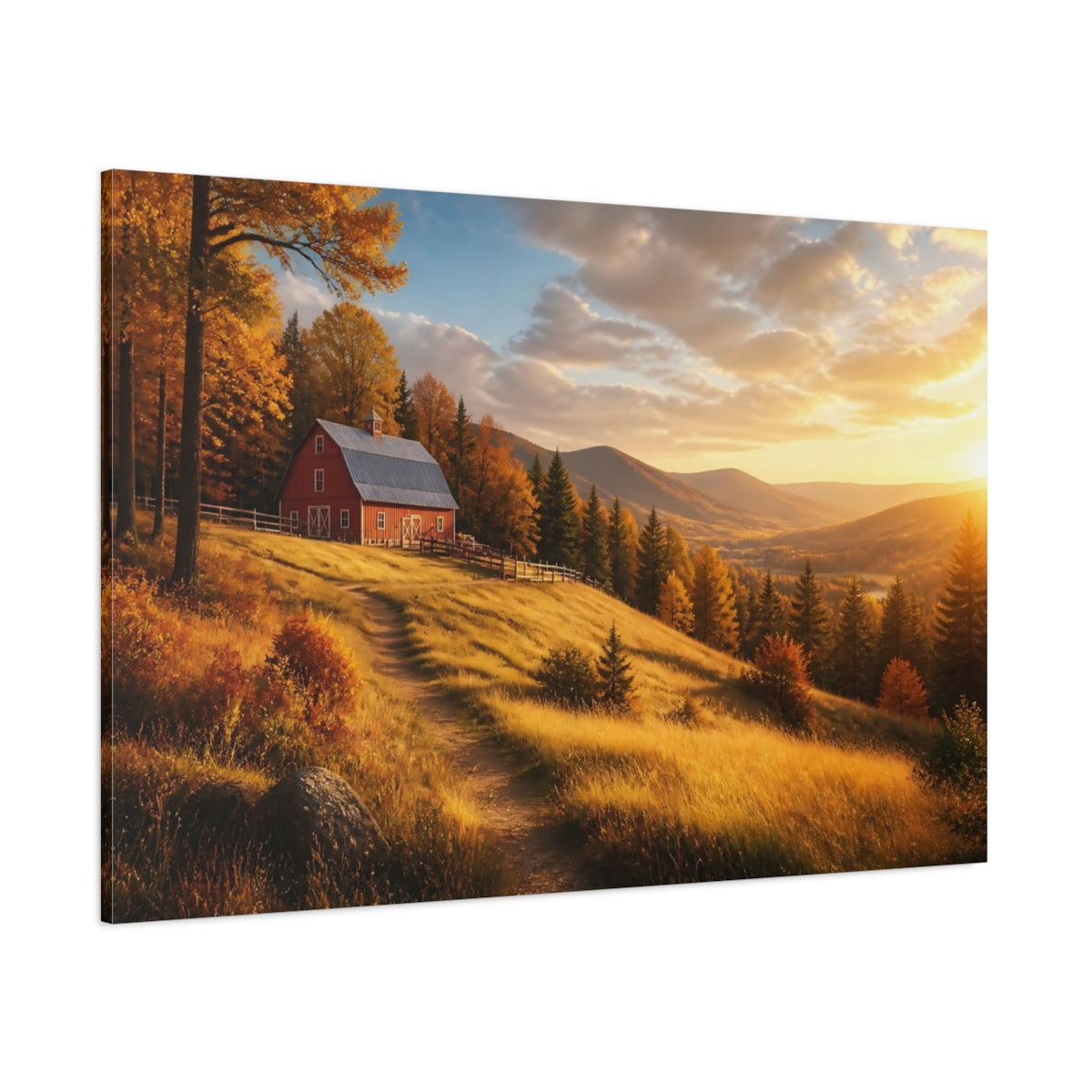 Side Mockup 1. Red Barn Landscape At Sunset shown as canvas print