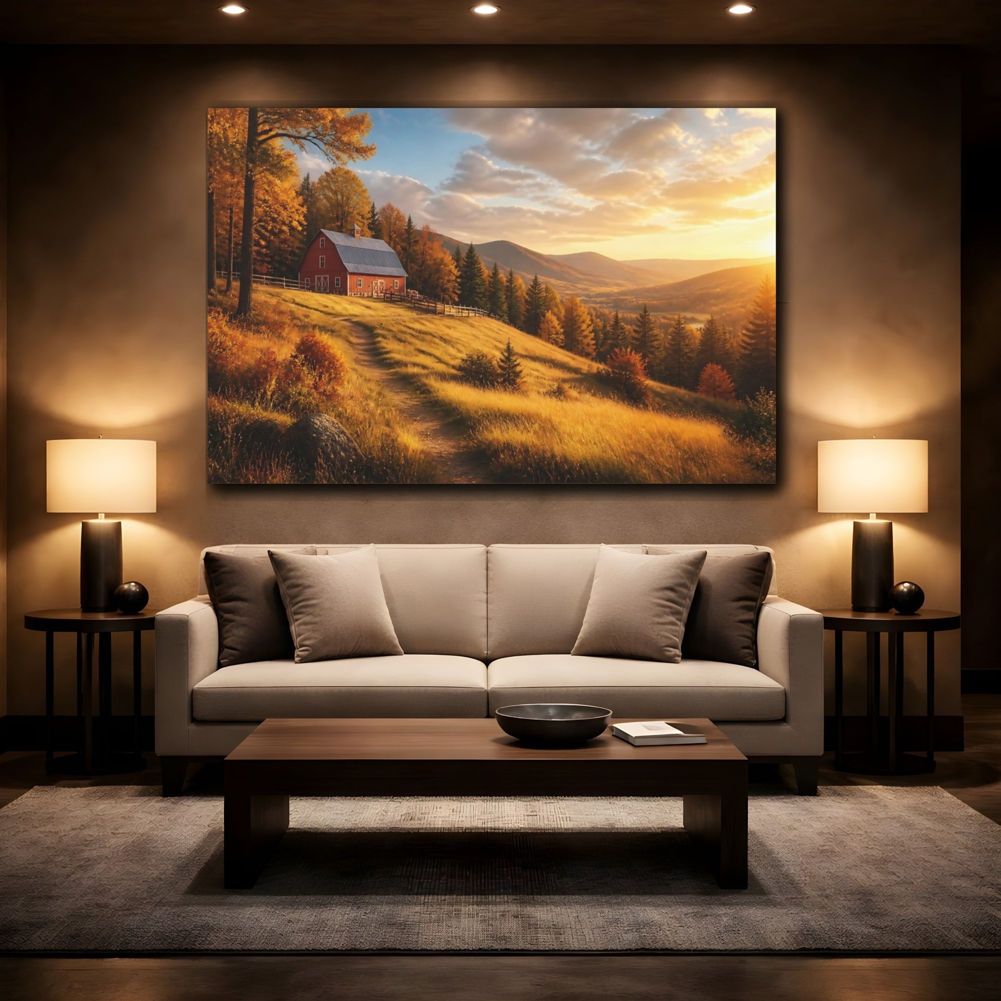 Mockup 2. Red Barn Landscape At Sunset shown as canvas print