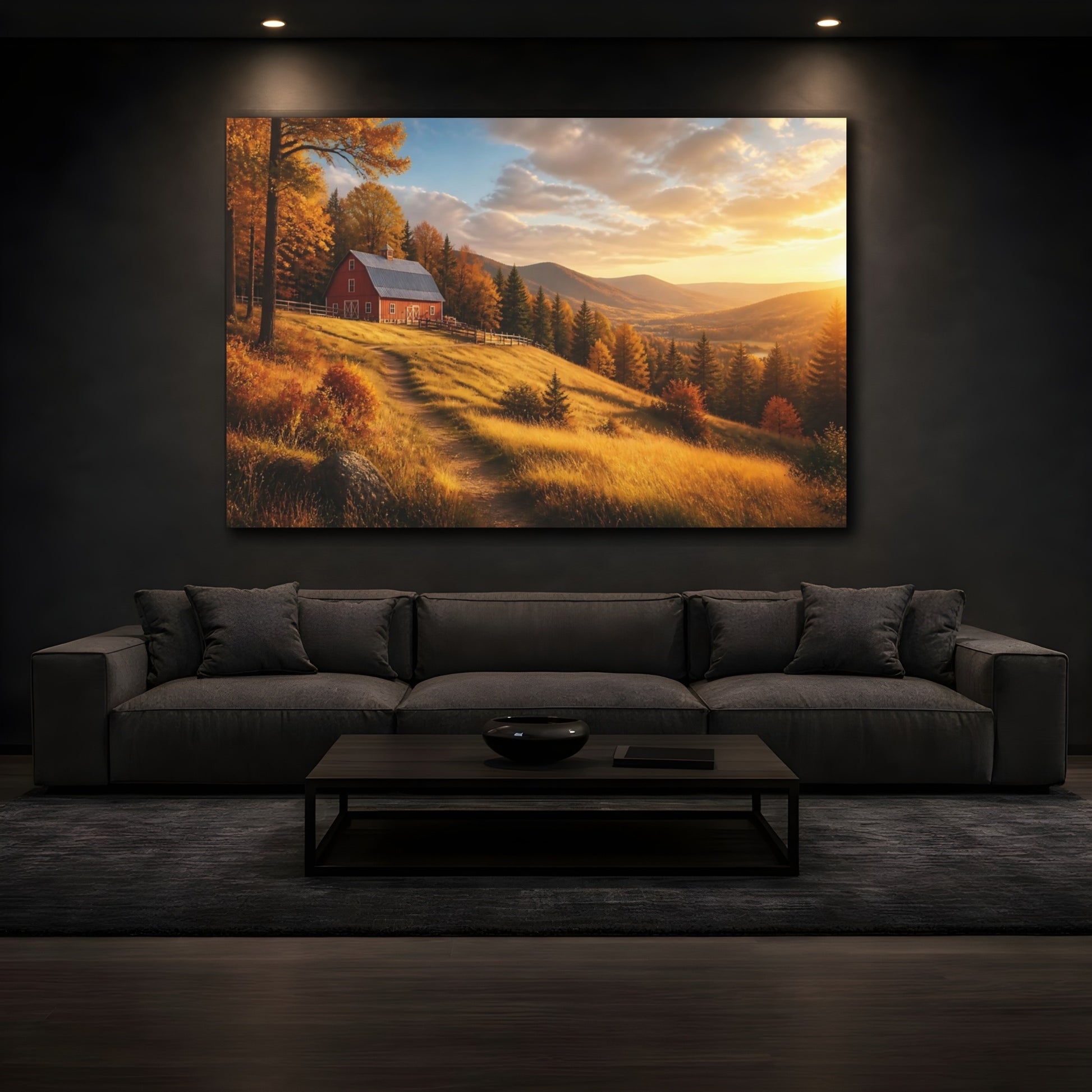 Mockup 3. Red Barn Landscape At Sunset shown as canvas print
